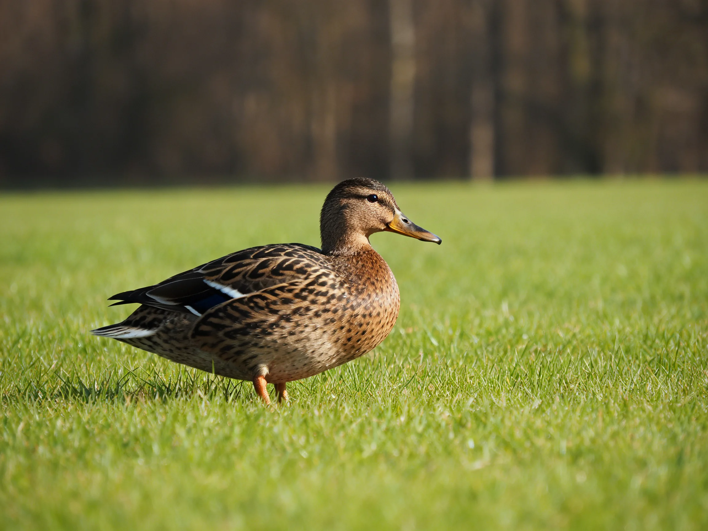 A brown-speckled duck roams on bright green grass beside a wooded area