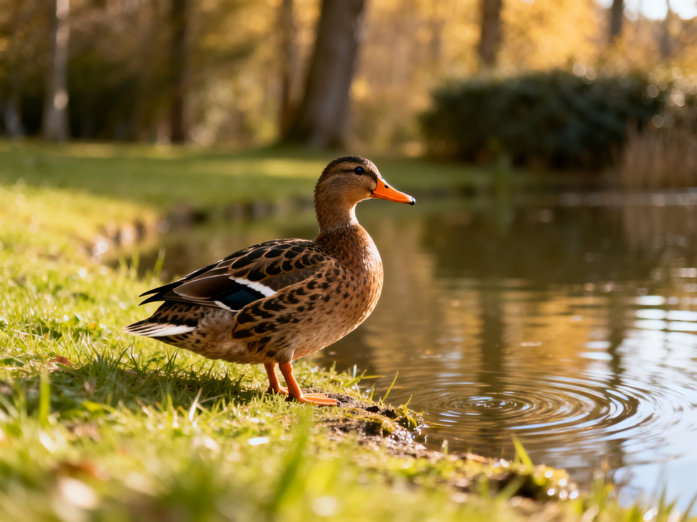 A brown-speckled duck stands by a pond with ripples
