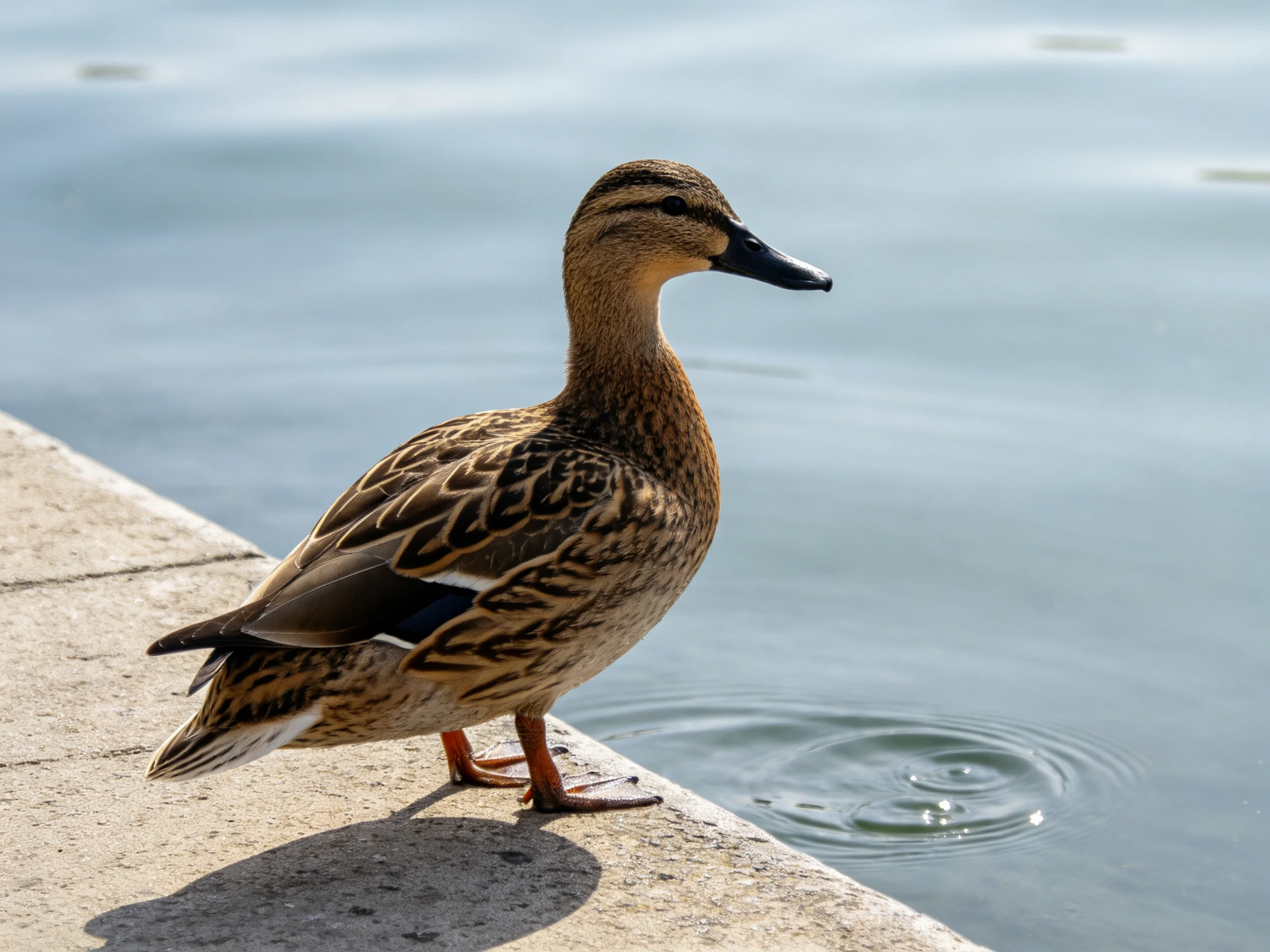 A brown-speckled duck stands by calm blue water