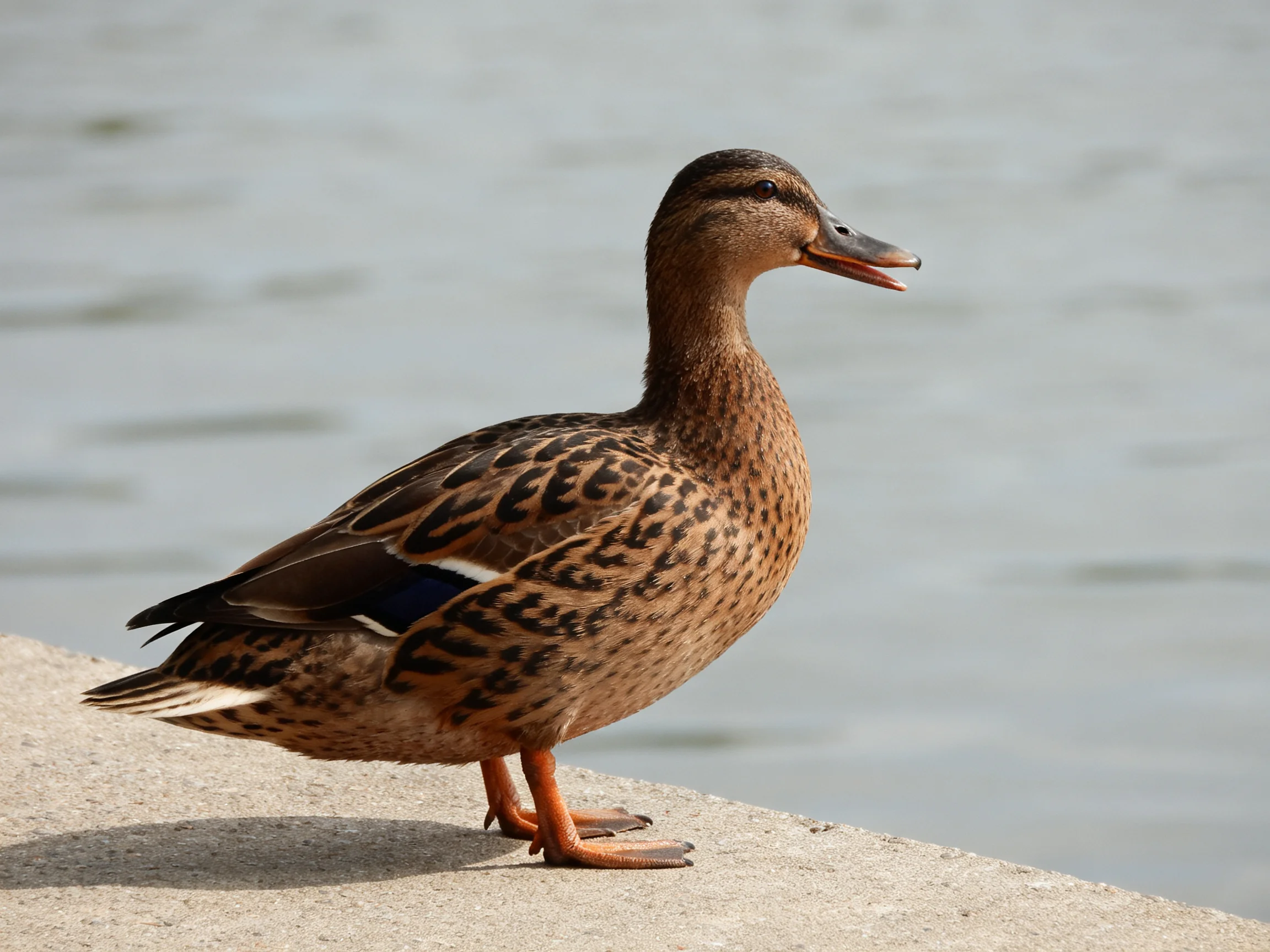 A brown-speckled duck stands by calm water on a concrete ledge
