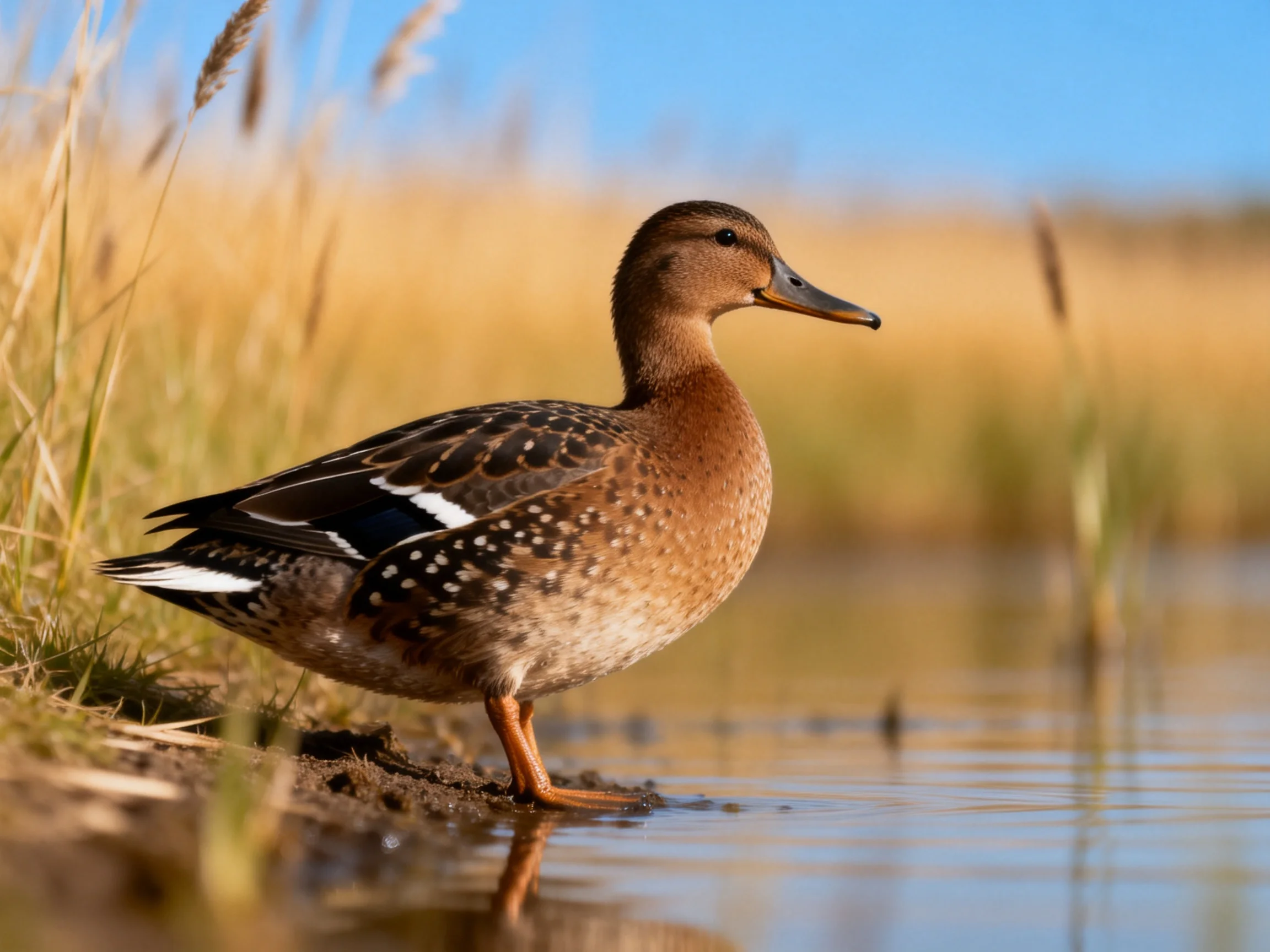 A brown-speckled duck stands by calm water with golden reeds