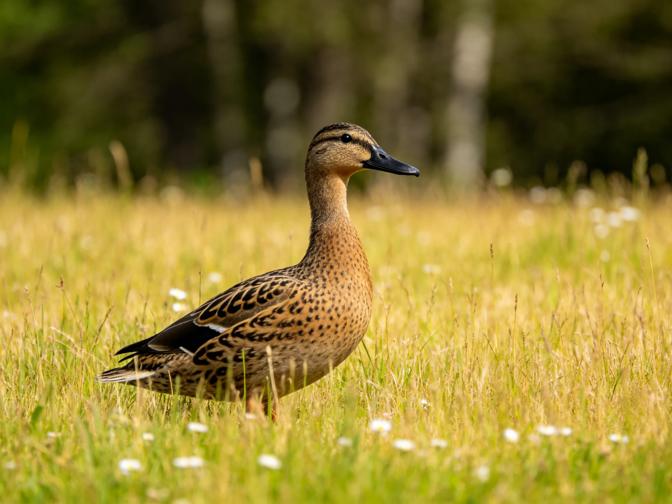 A brown-speckled duck stands in golden grass near trees