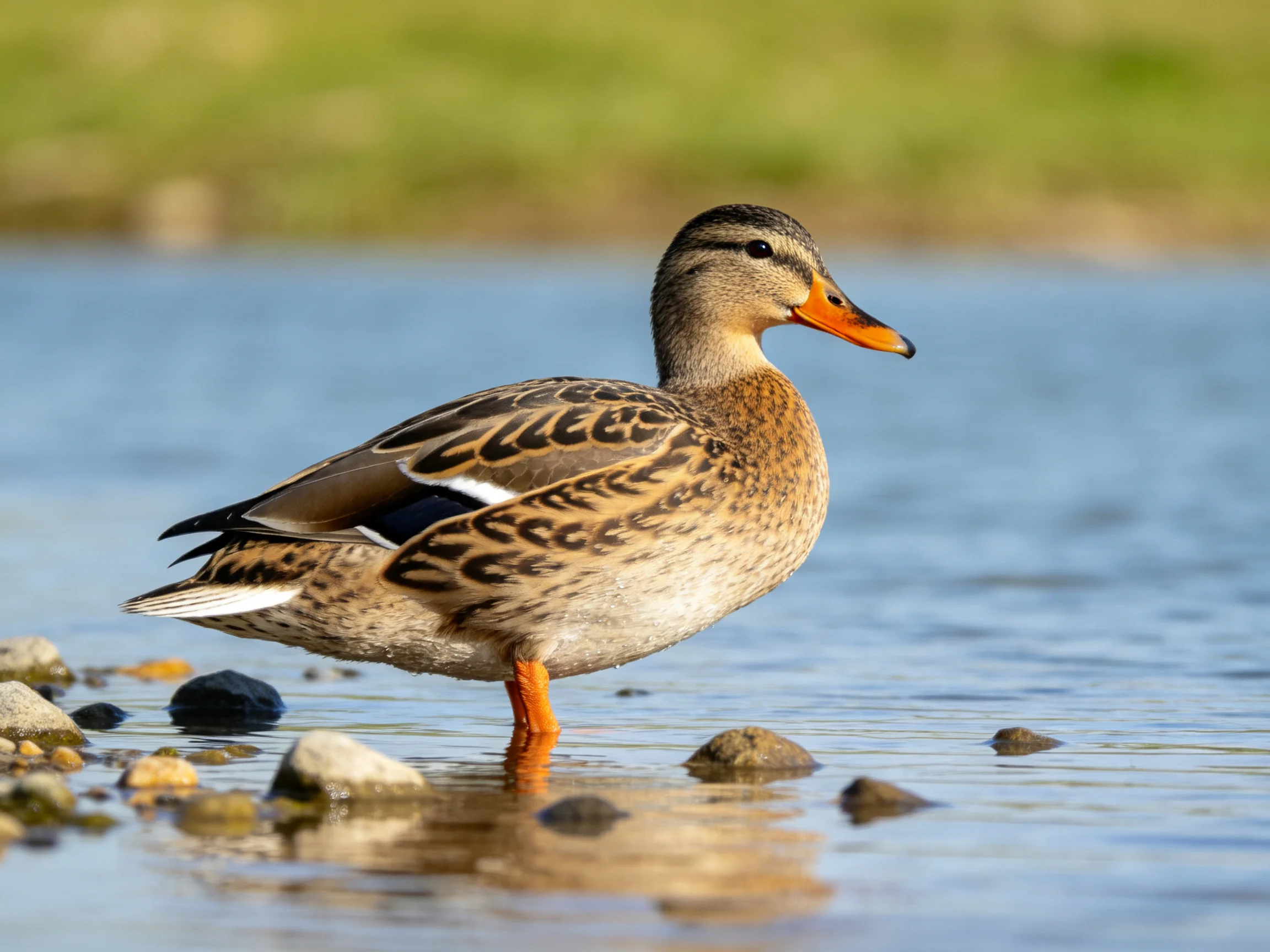 A brown-speckled duck stands in shallow blue water near rocks