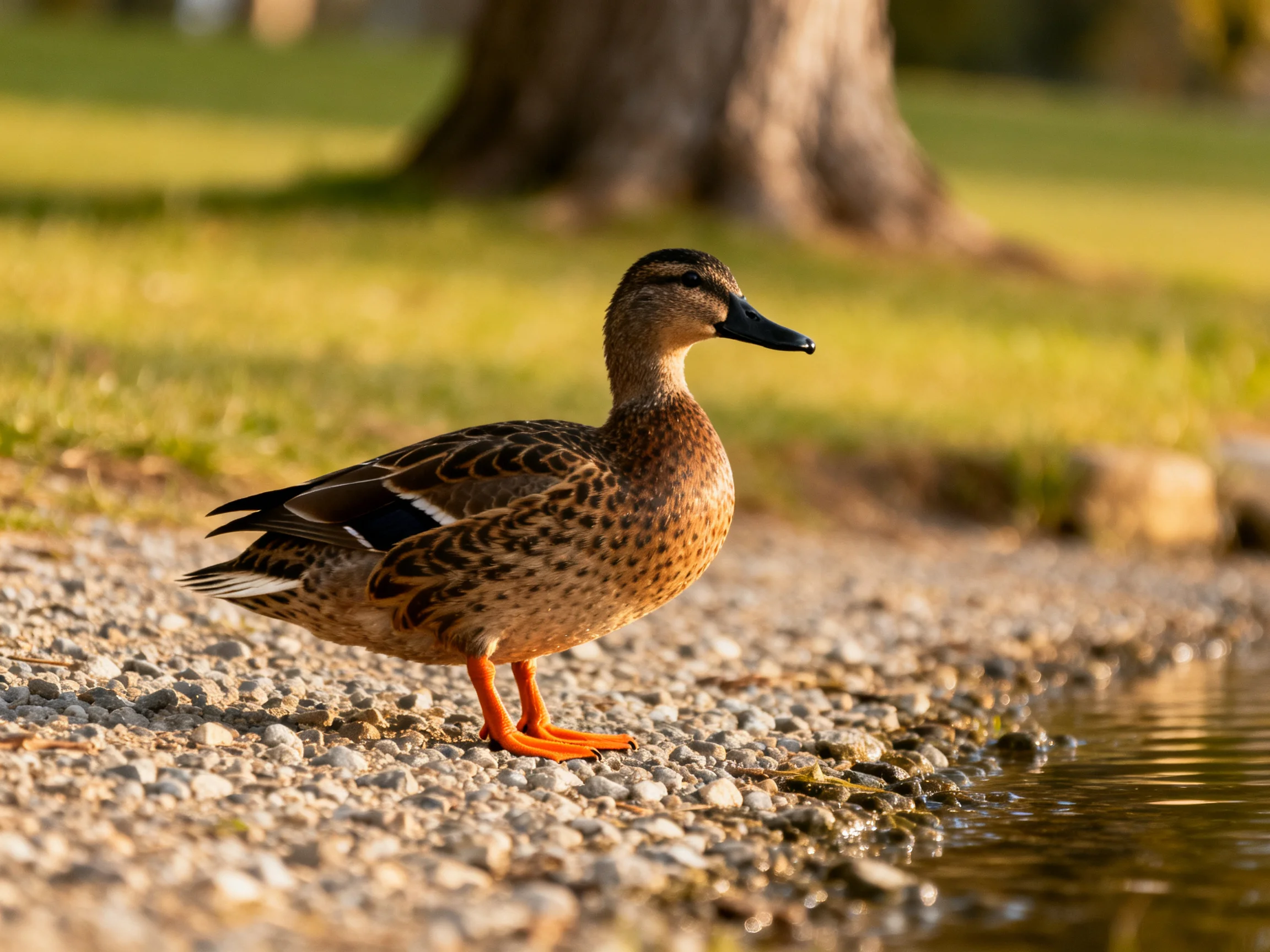 A brown-speckled duck stands on a gravel path by calm water