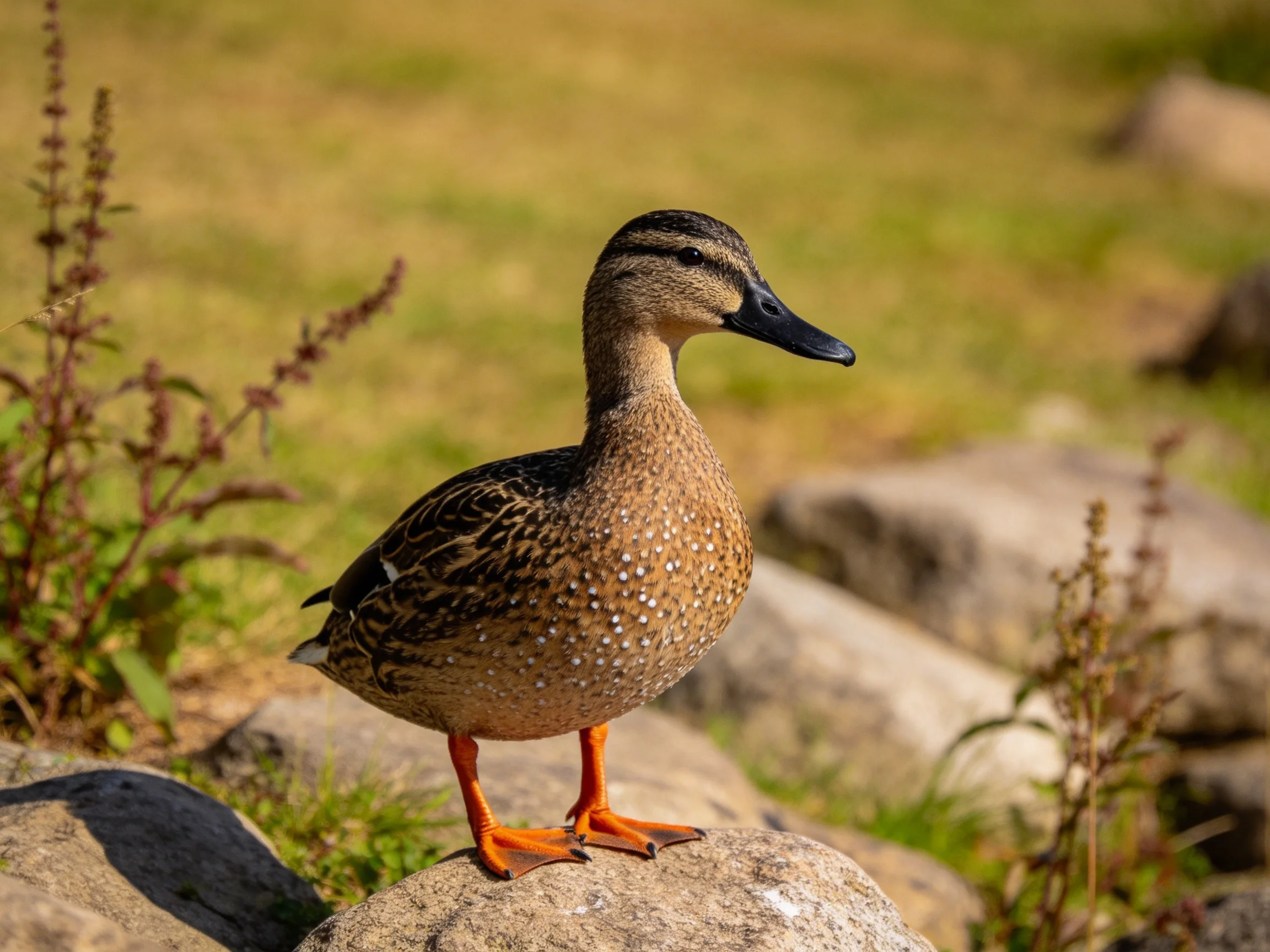 A brown-speckled duck stands on a rock amidst greenery and stones