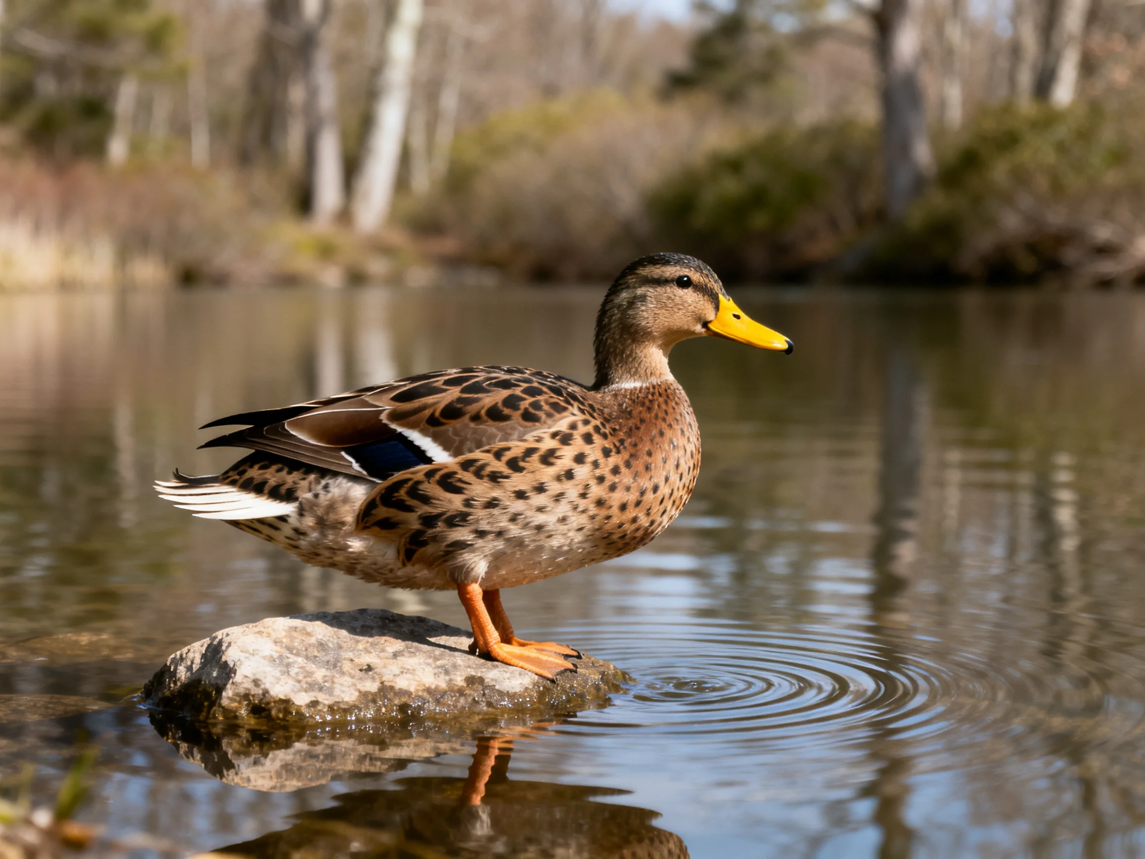 A brown-speckled duck stands on a rock by calm water