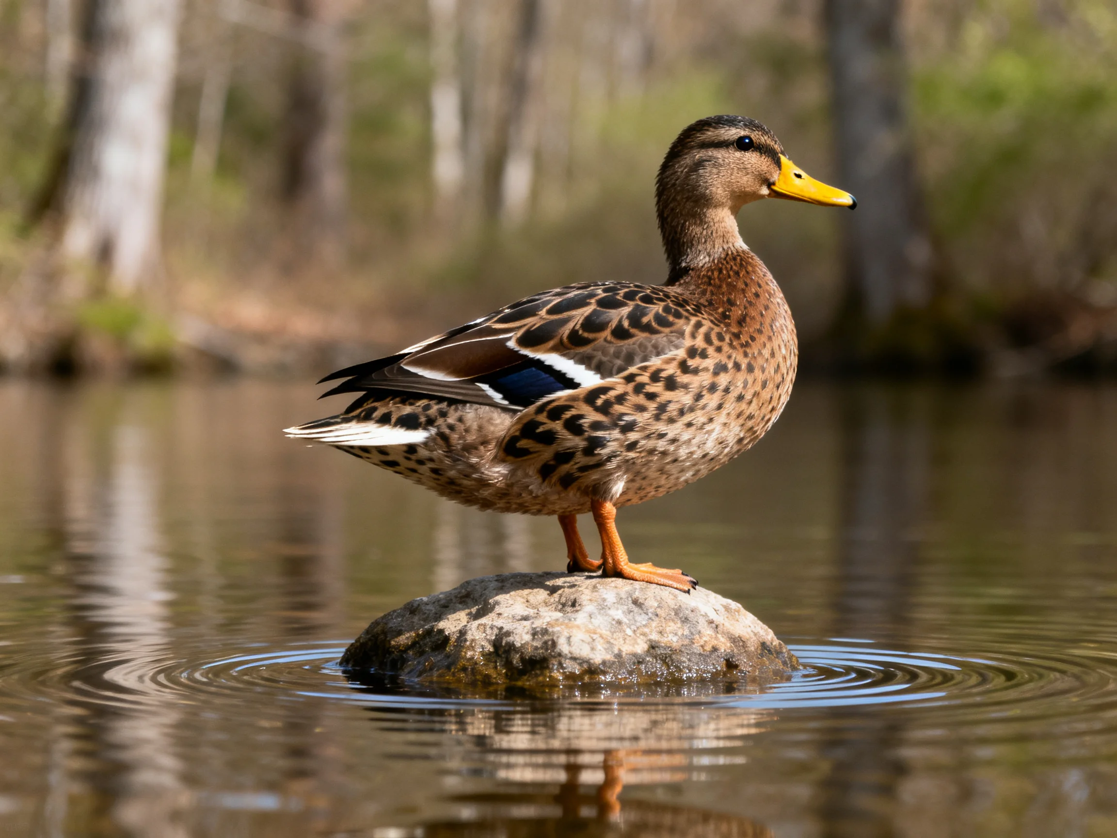 A brown-speckled duck stands on a rock in tranquil water