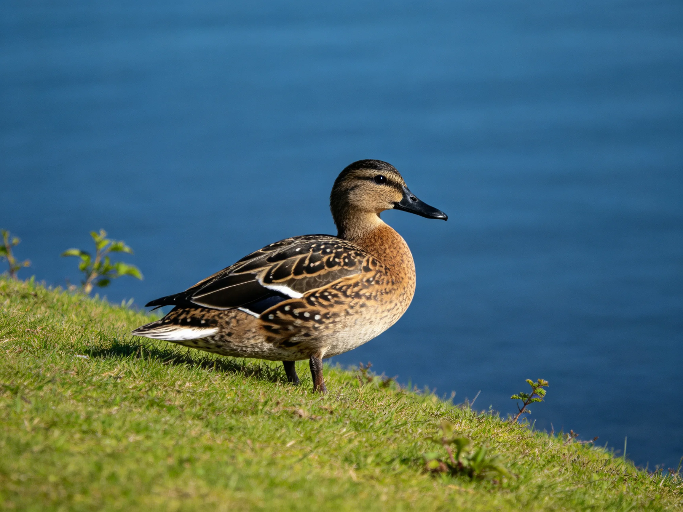 A duck with brown and spotted feathers stands on grass next to a body of water.