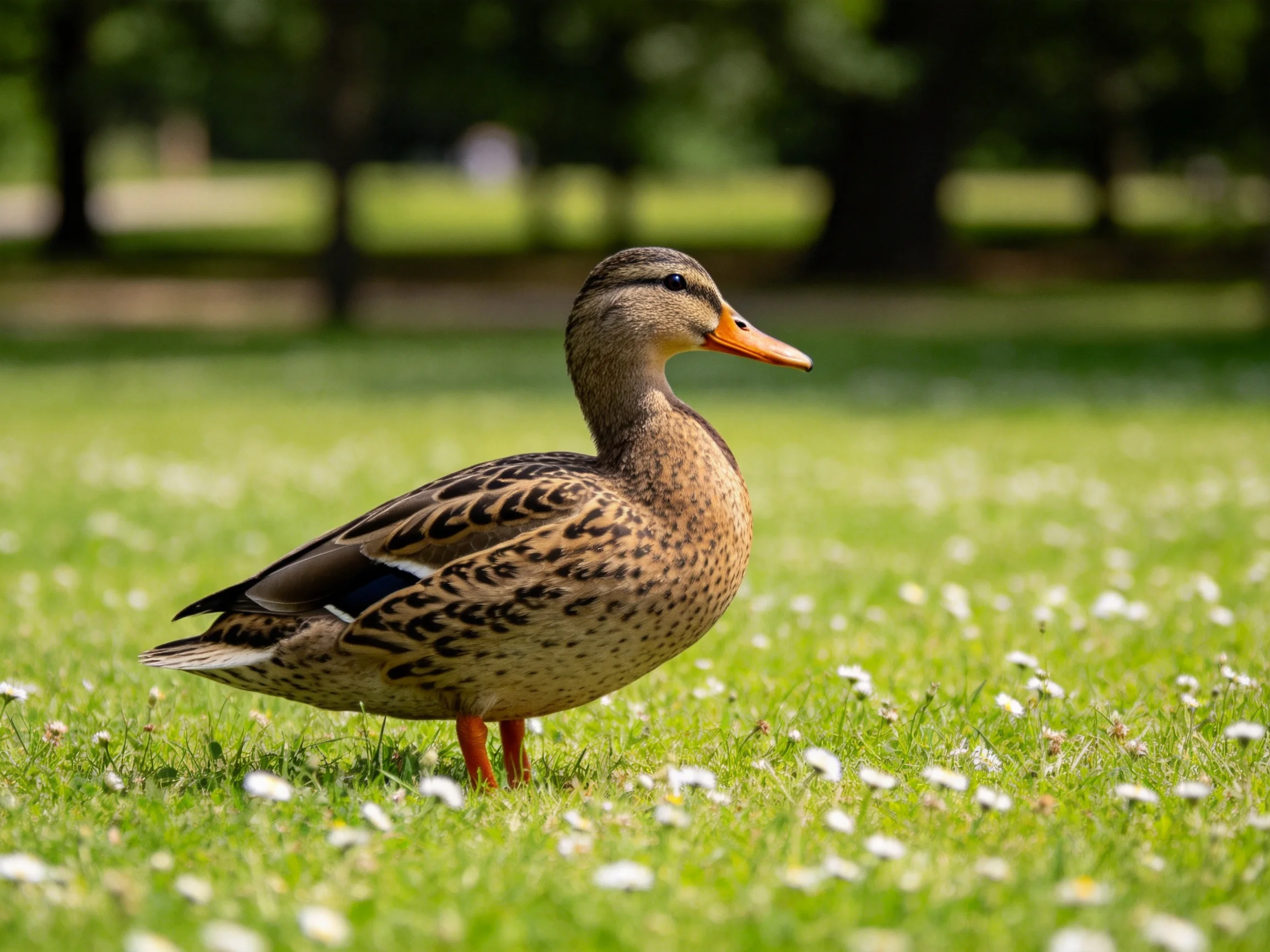A duck with brown-speckled feathers stands on grass dotted with small white flowers.