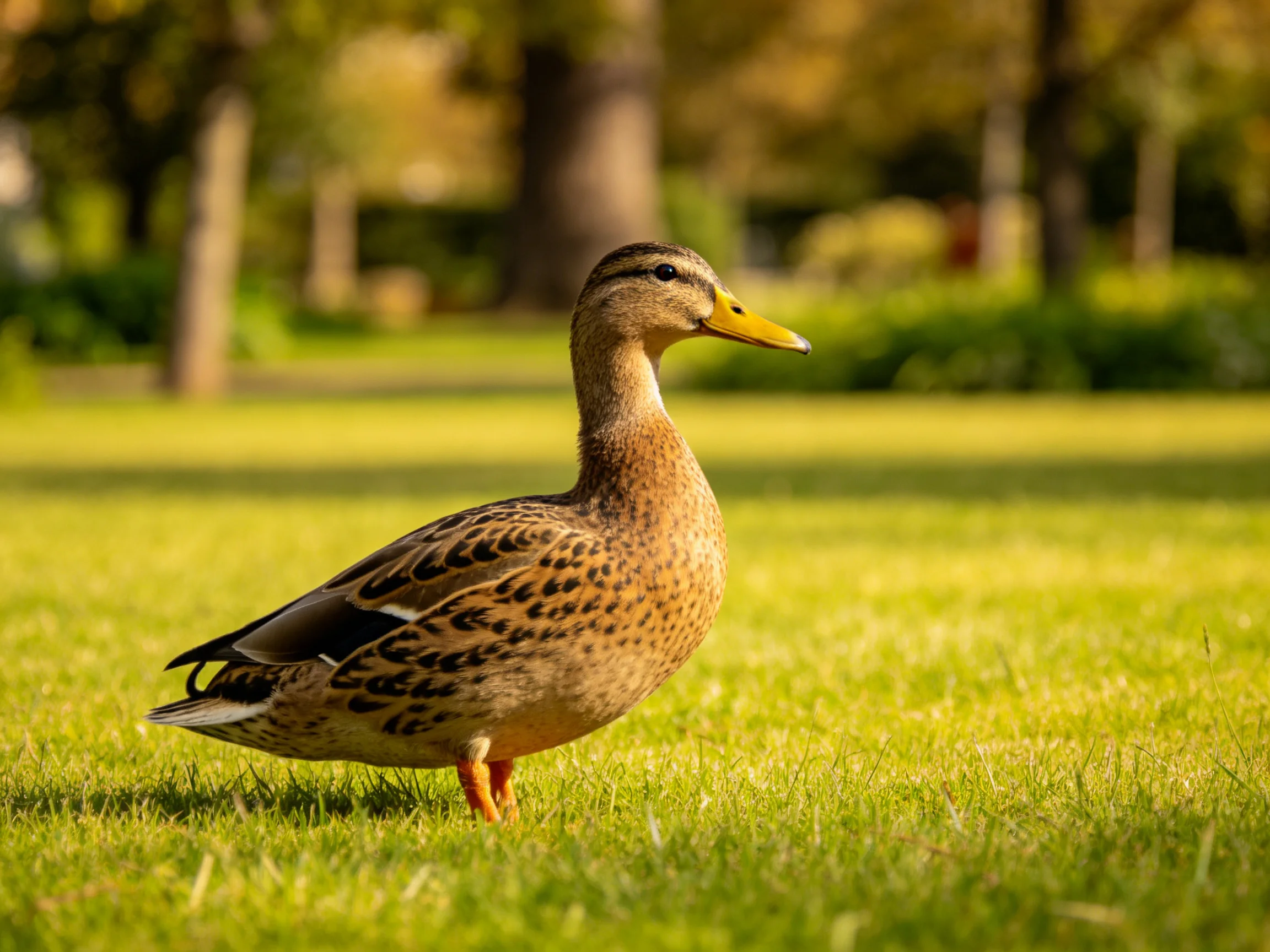 A brown-speckled duck stands on lush green grass near trees