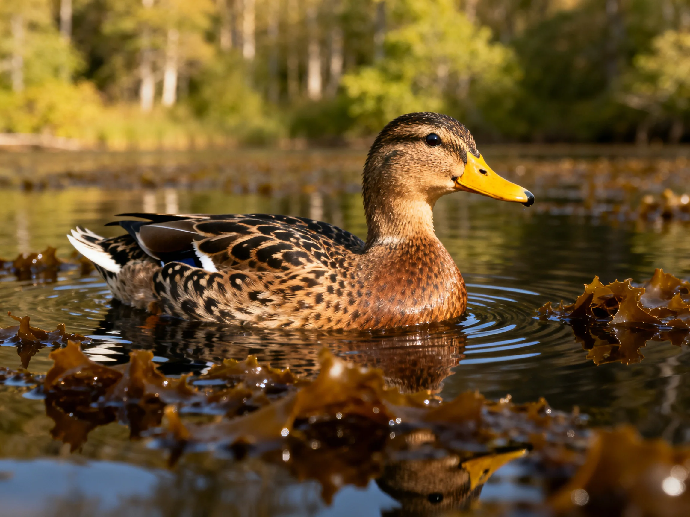 A brown-speckled duck swims amid seaweed near a forested shoreline