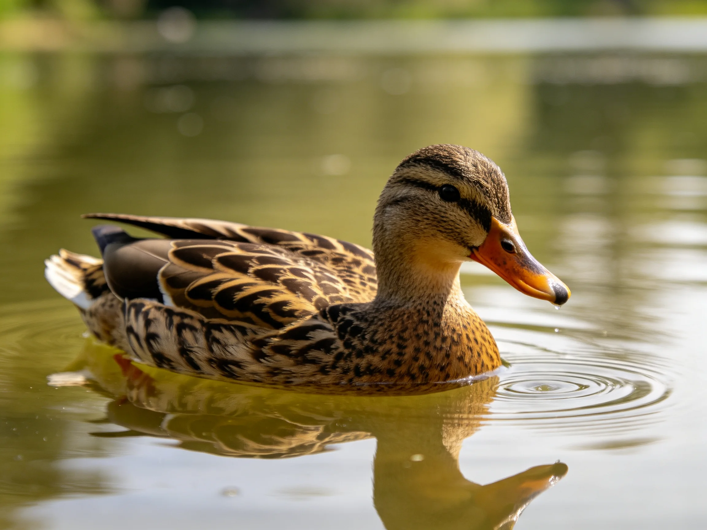 A brown-speckled duck swims peacefully in calm water.