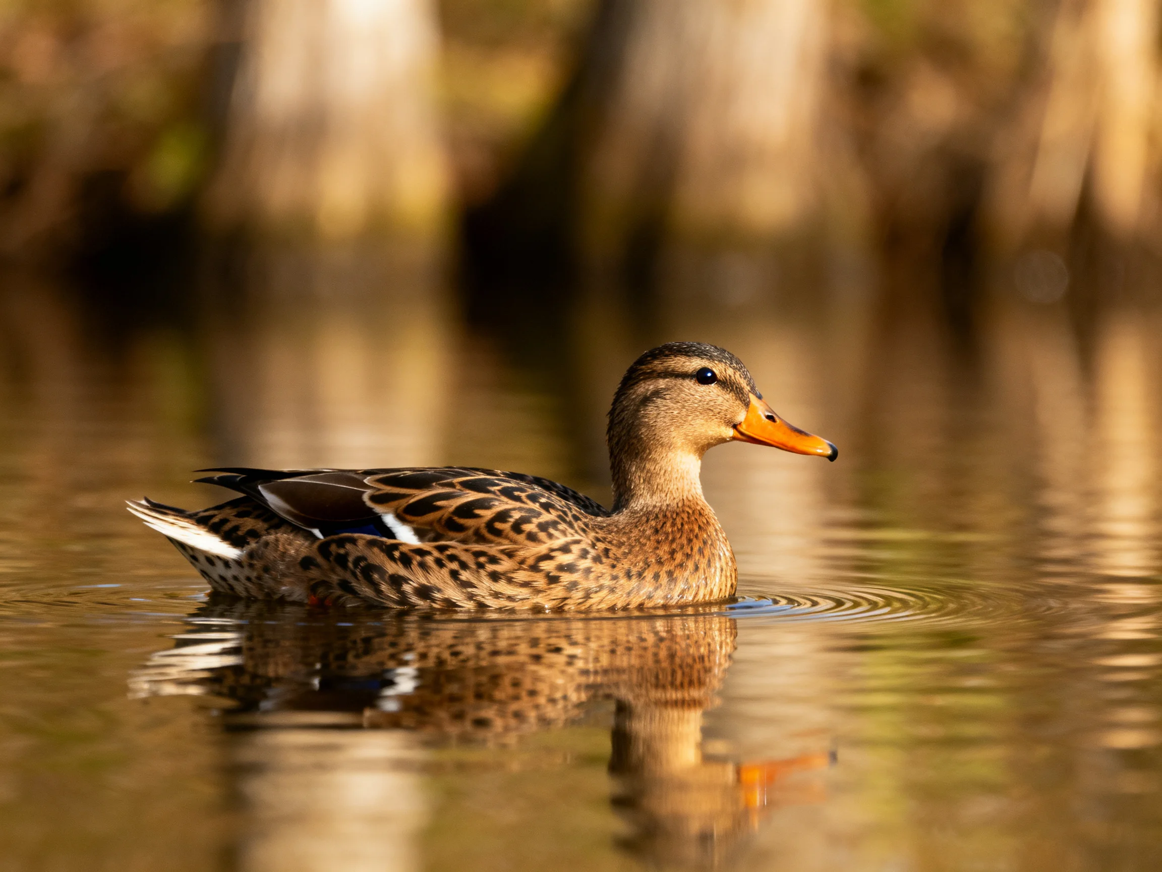 A brown-speckled duck swims in calm, reflective water near blurred vegetation