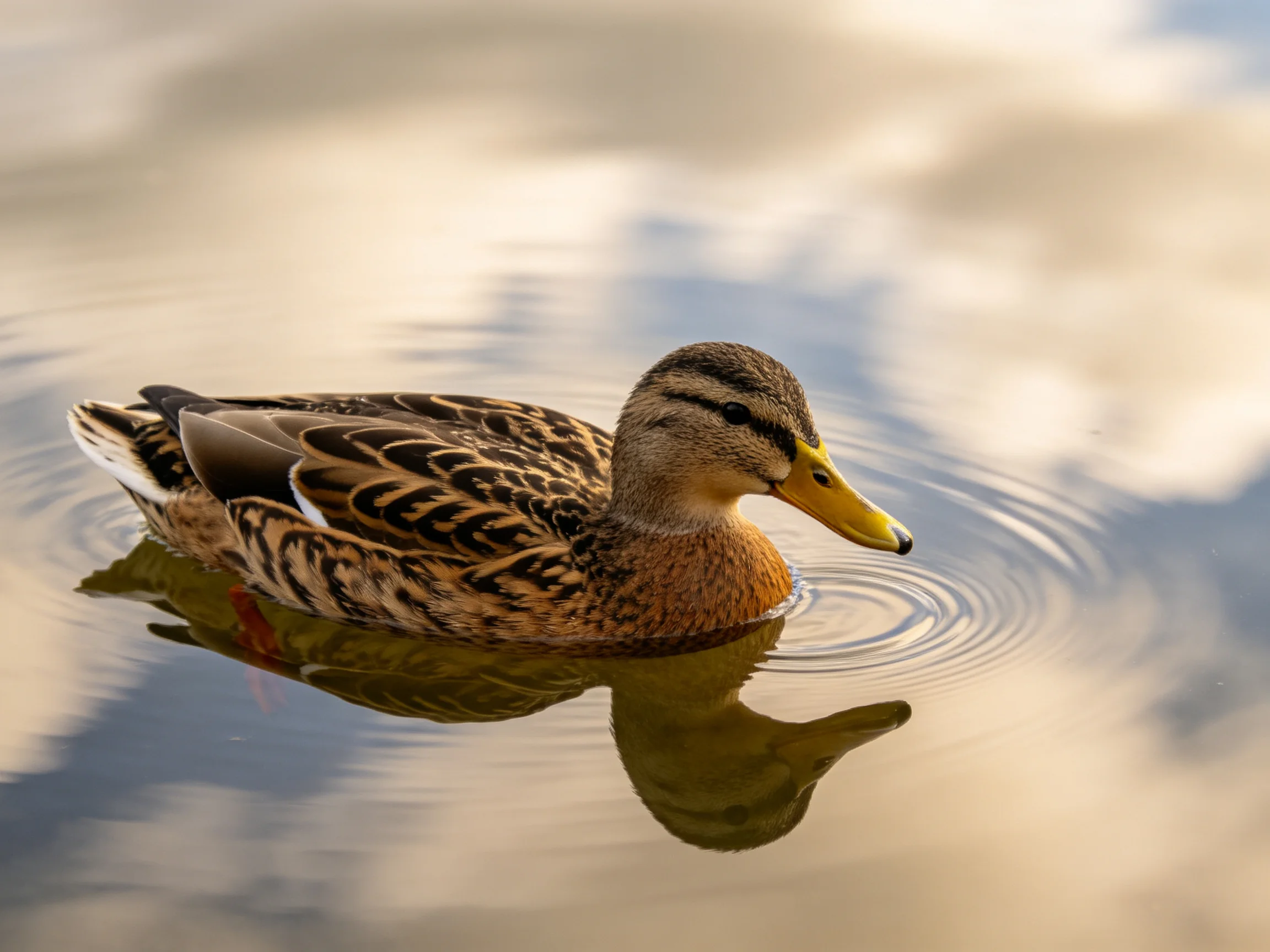 A duck with patterned plumage moves through still water, creating ripples and a reflection.