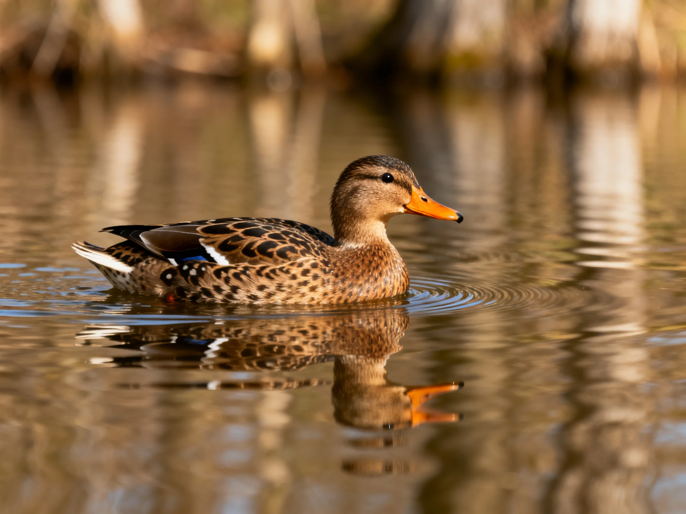 A brown-speckled duck swims in rippling water with an orange beak