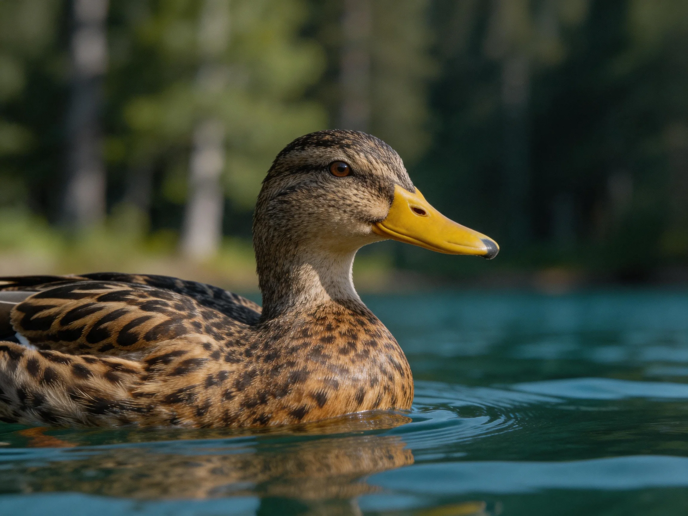 A brown-speckled duck swims in serene blue water near green trees