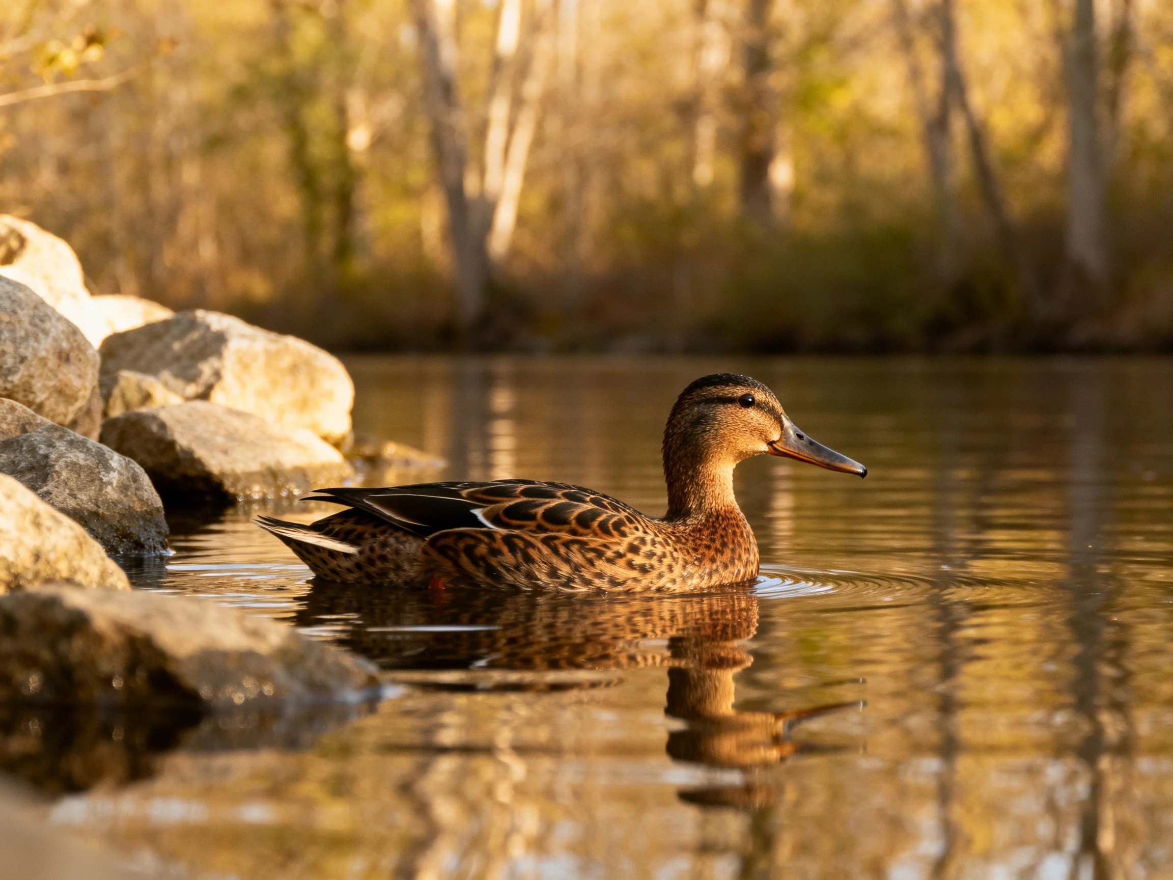 A brown-speckled duck swims near rocks by calm water with golden trees