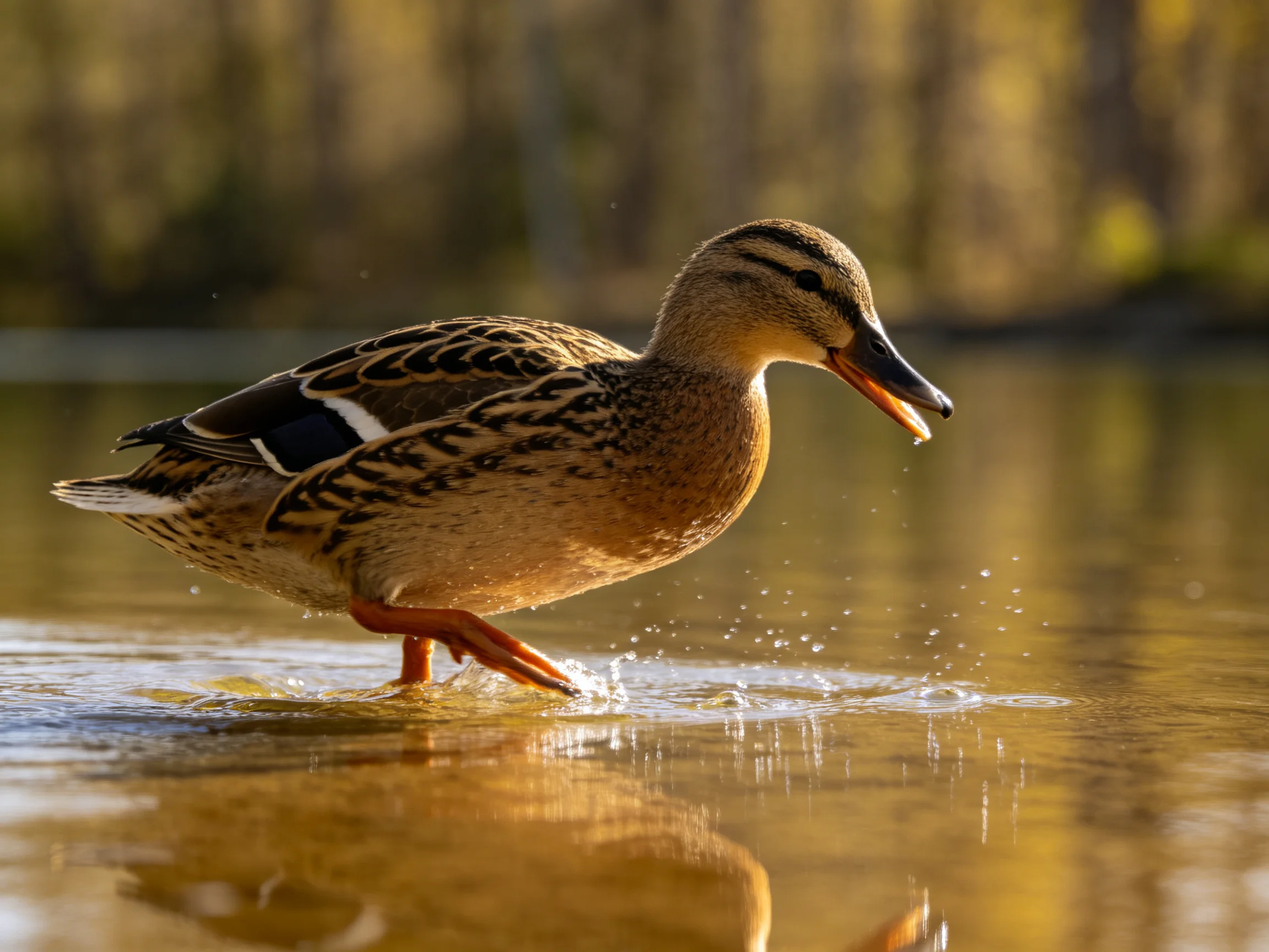 A brown-speckled duck wades through golden-hued shallow water near trees