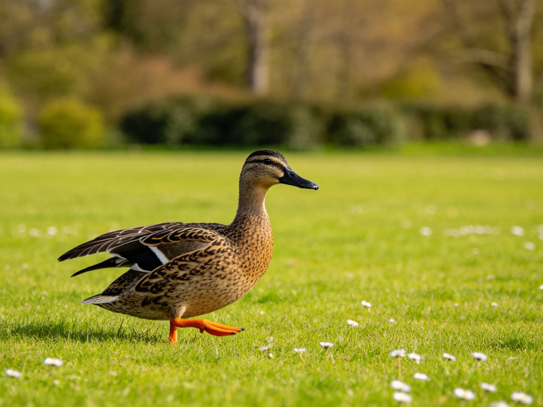 A brown-speckled duck walks on a grassy field with white blooms