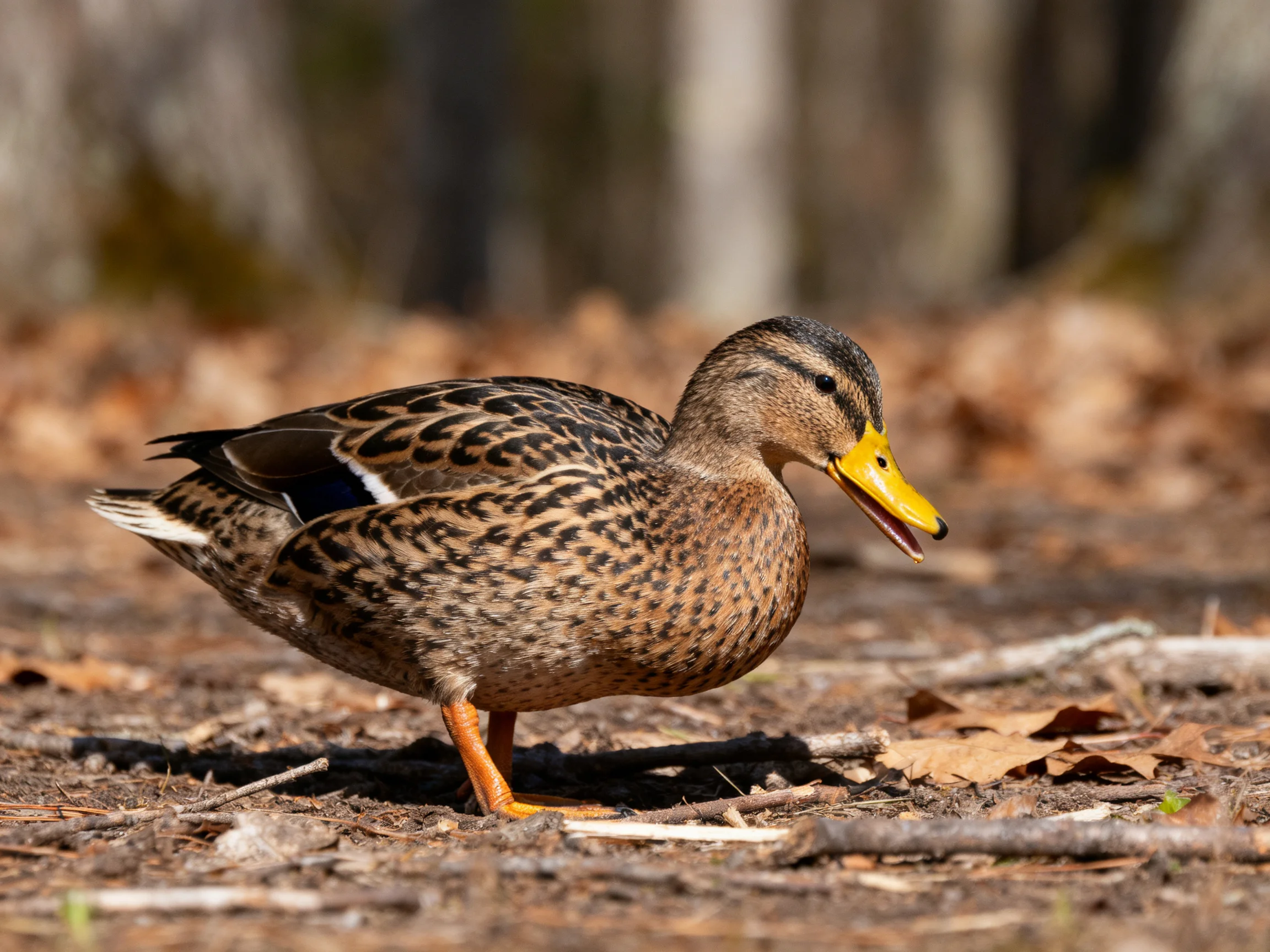 A brown-speckled duck with a bright yellow beak on leaf-strewn ground