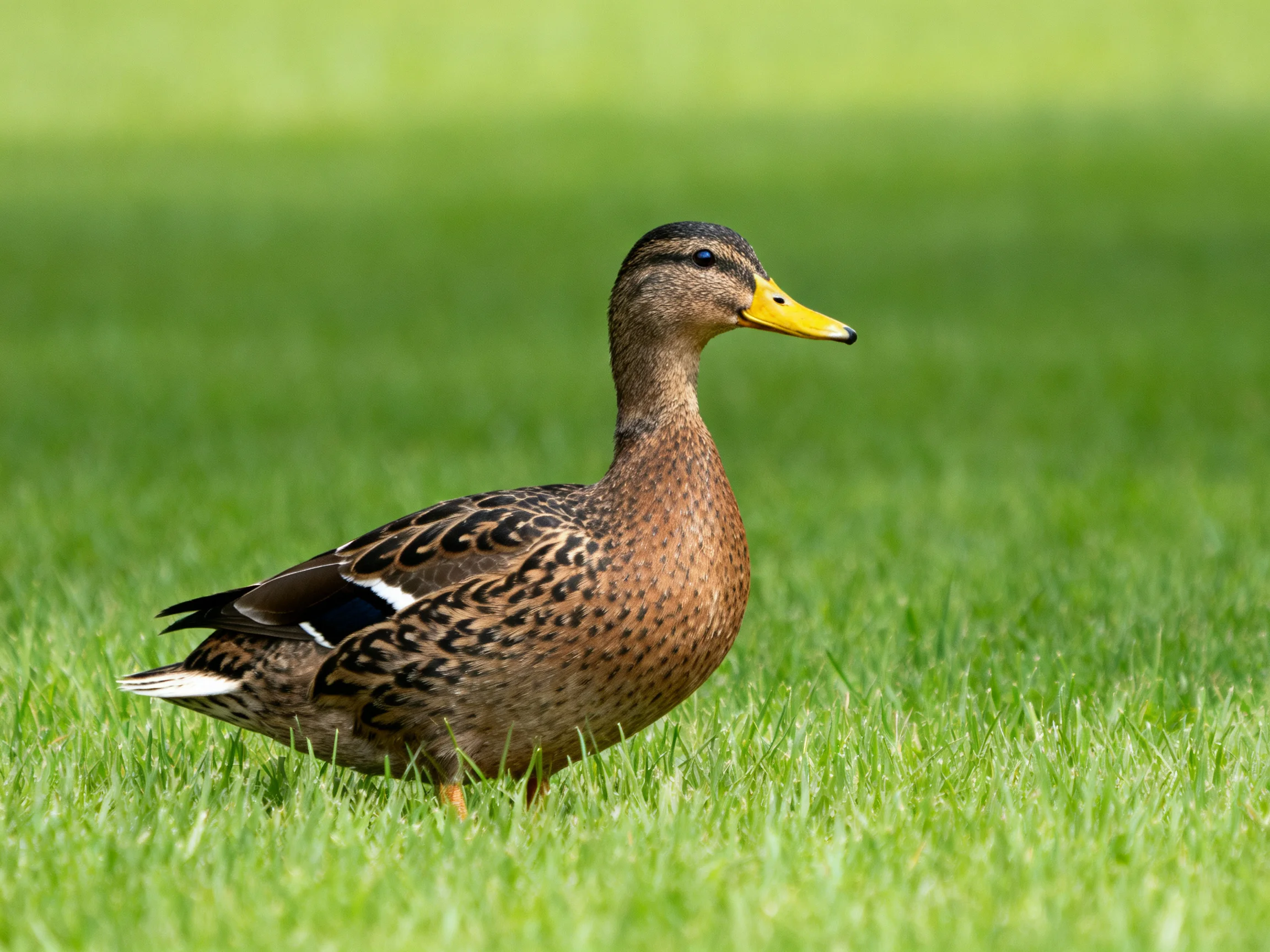 A brown-speckled duck with a bright yellow beak stands on lush green grass