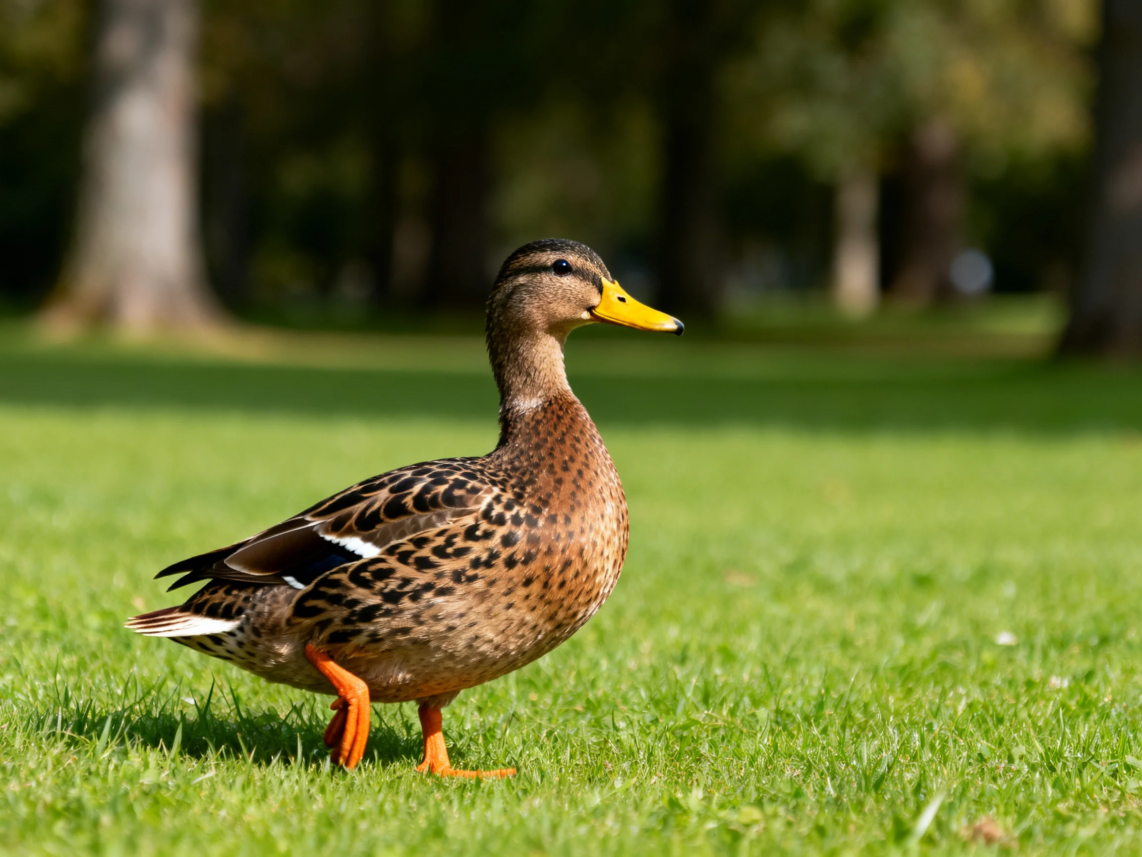 A brown-speckled duck with a bright yellow beak walks on lush green grass