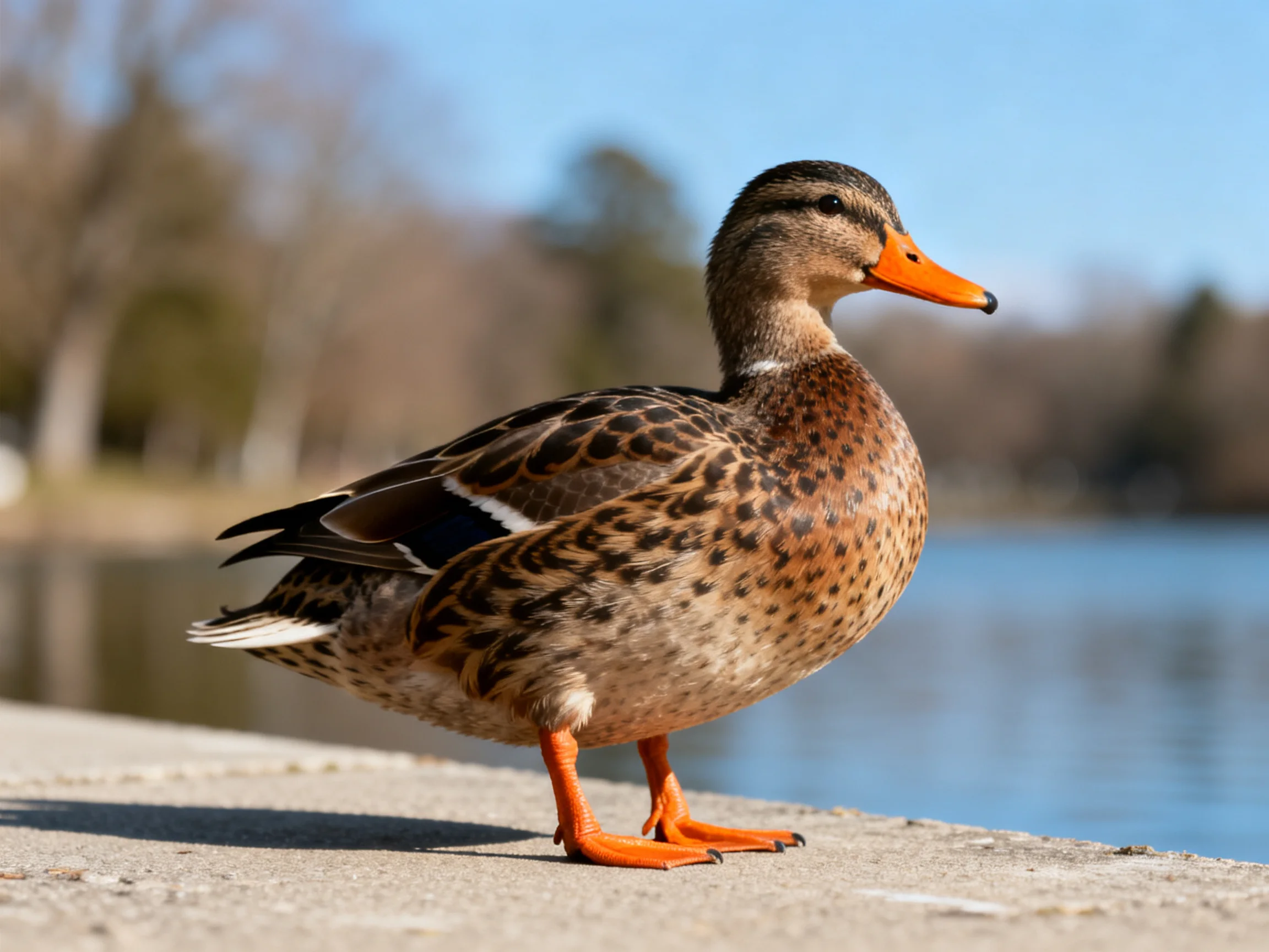 A brown-speckled duck with bright orange beak near water