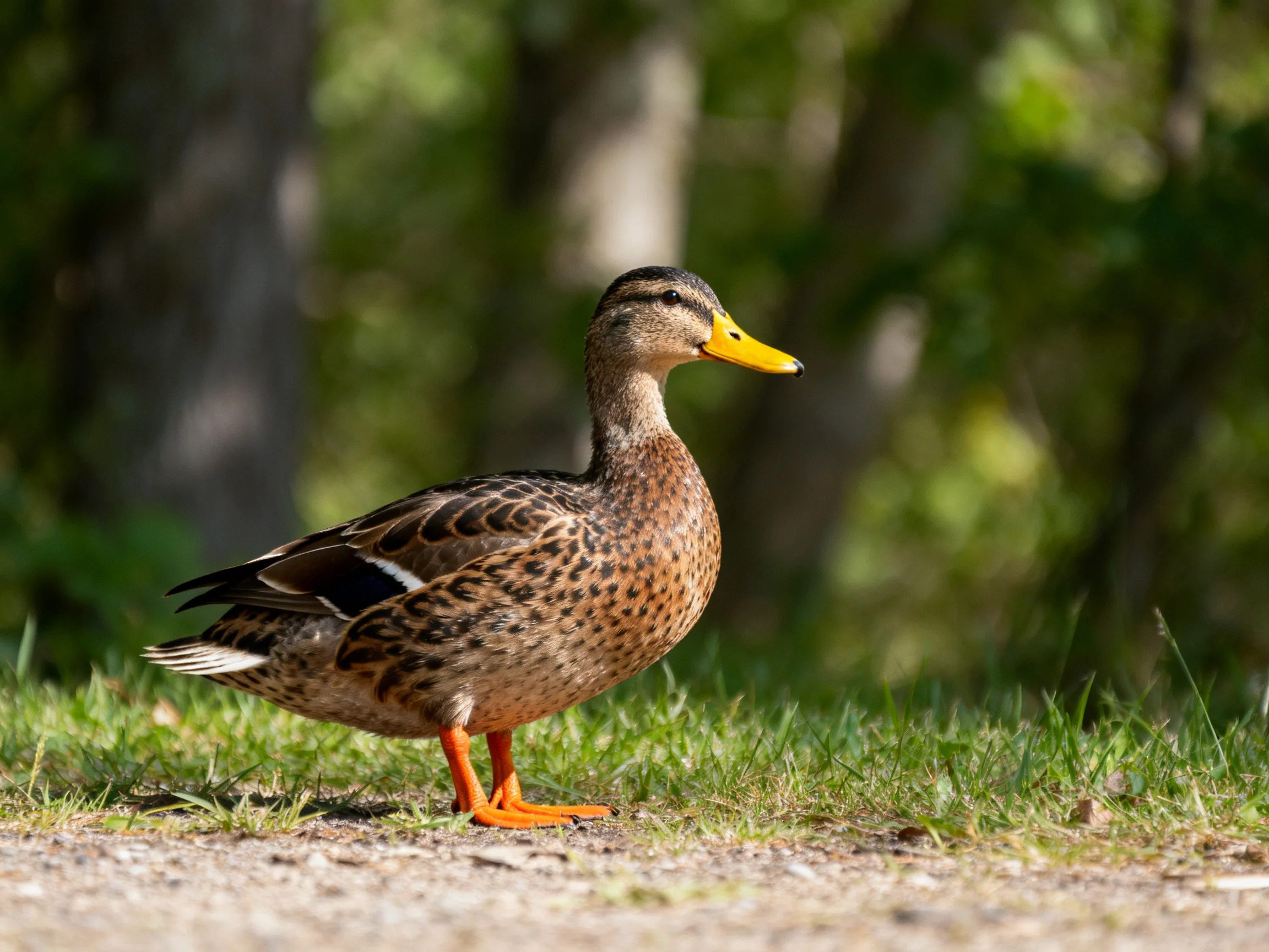 A brown-speckled duck with bright orange feet and yellow beak near greenery