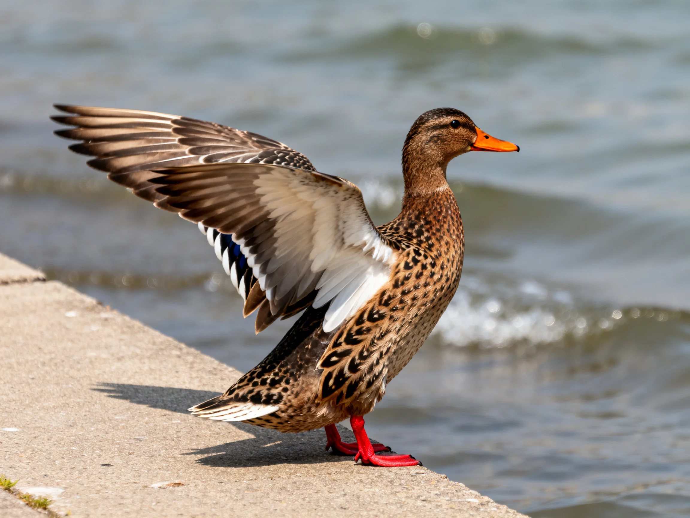 A brown-speckled duck with orange beak near rippling water