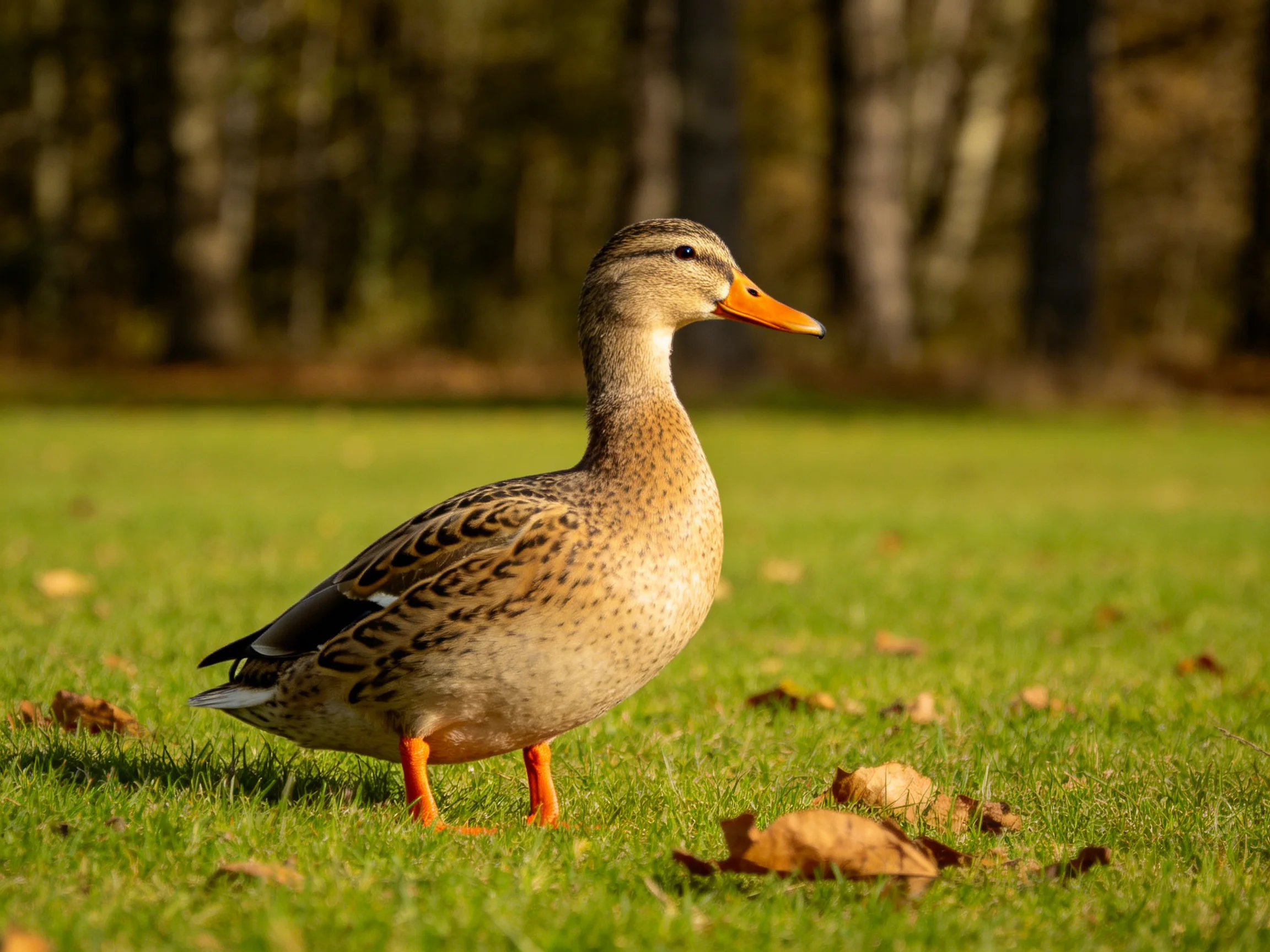 A duck with an orange beak and feet is on a grassy field with scattered leaves.