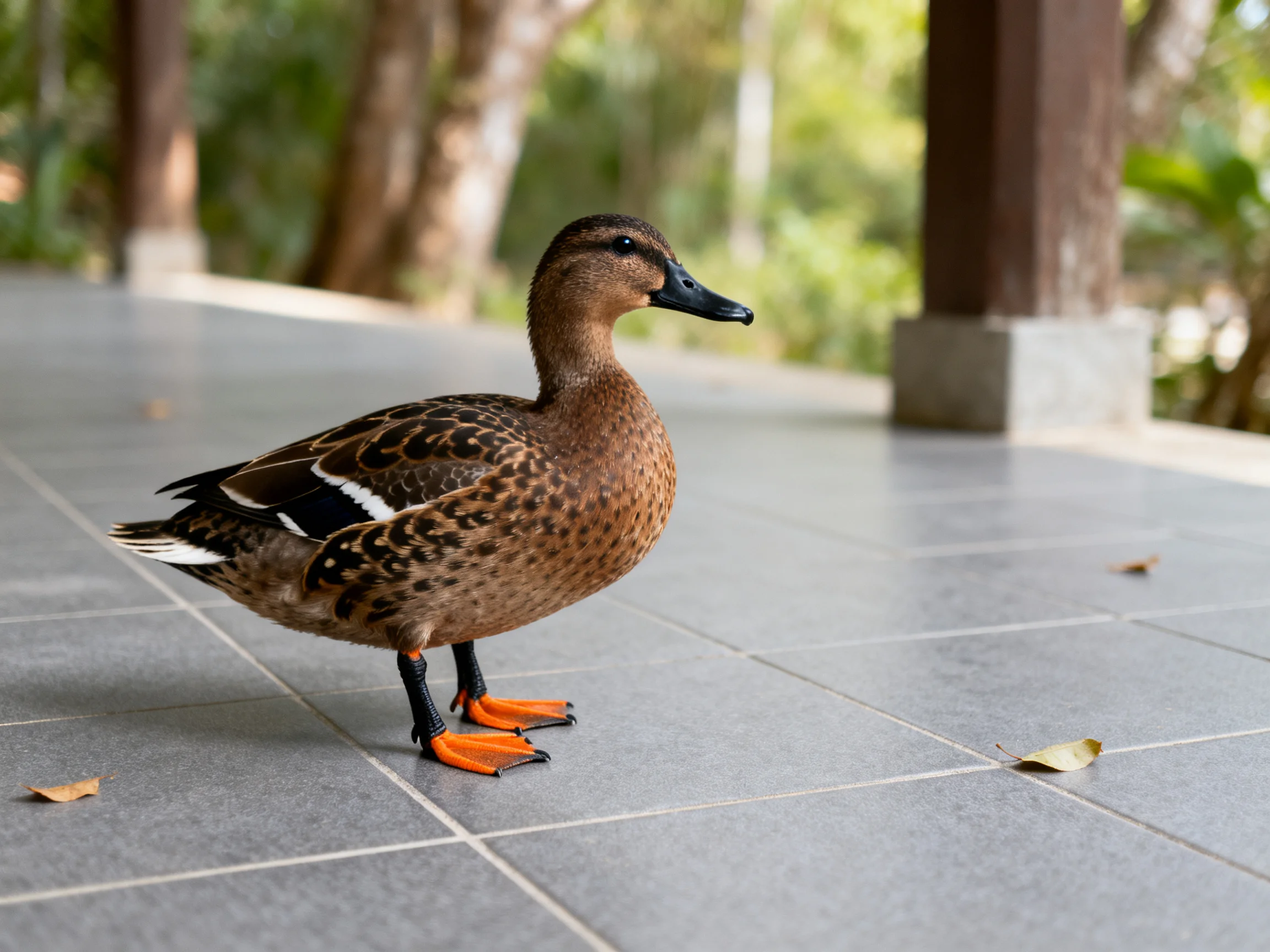 A brown-speckled duck with orange feet stands on gray patio tiles in a shaded outdoor area.