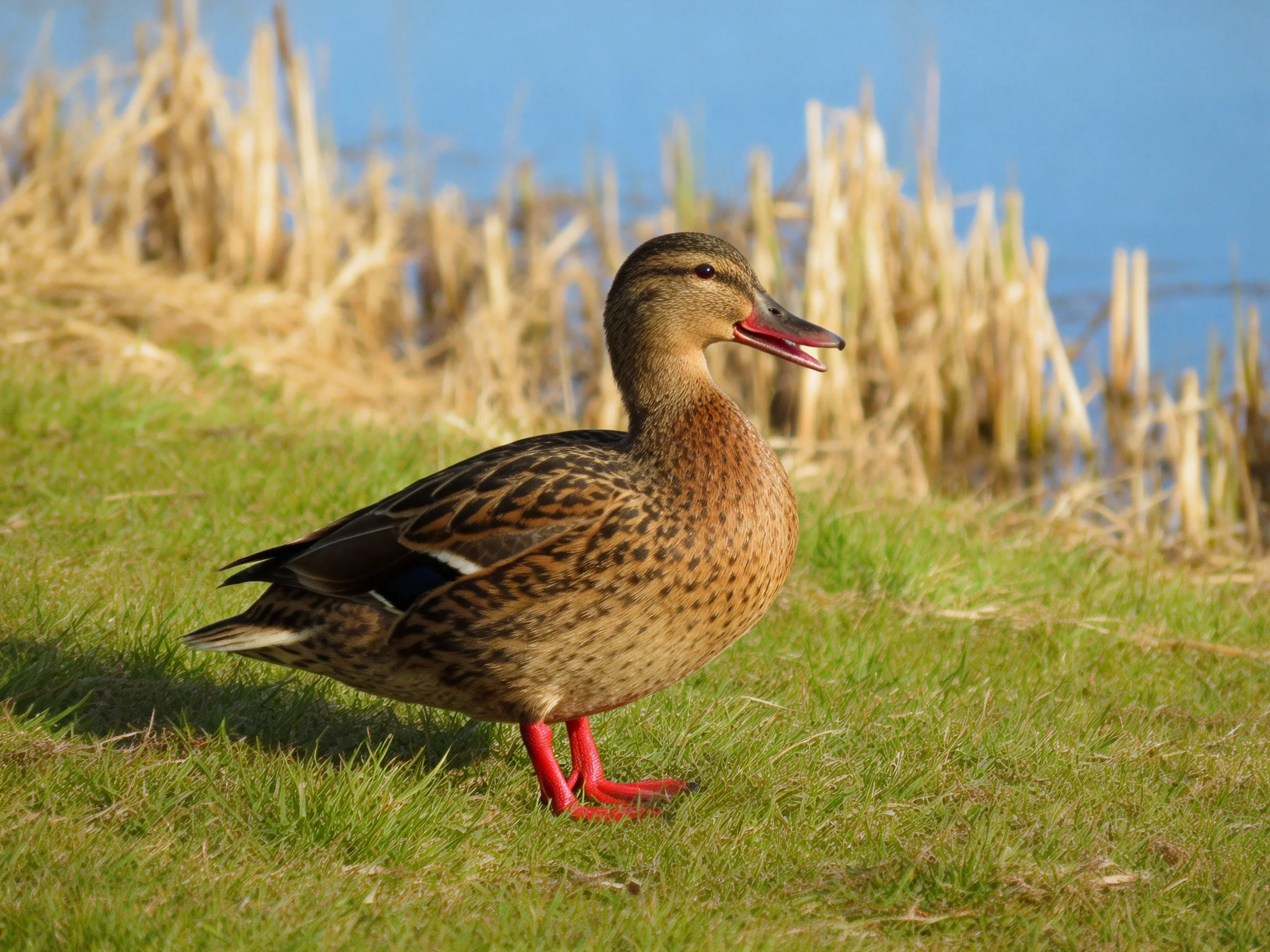 A brown-speckled duck with red feet on green grass near golden reeds
