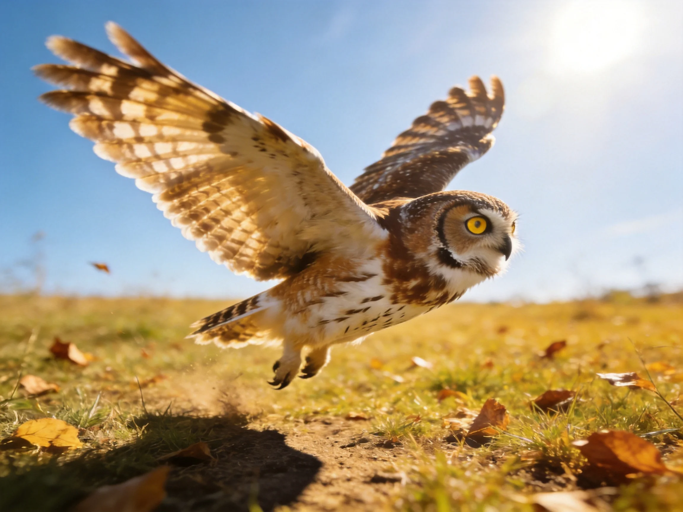 A brown-speckled owl glides over an autumn field