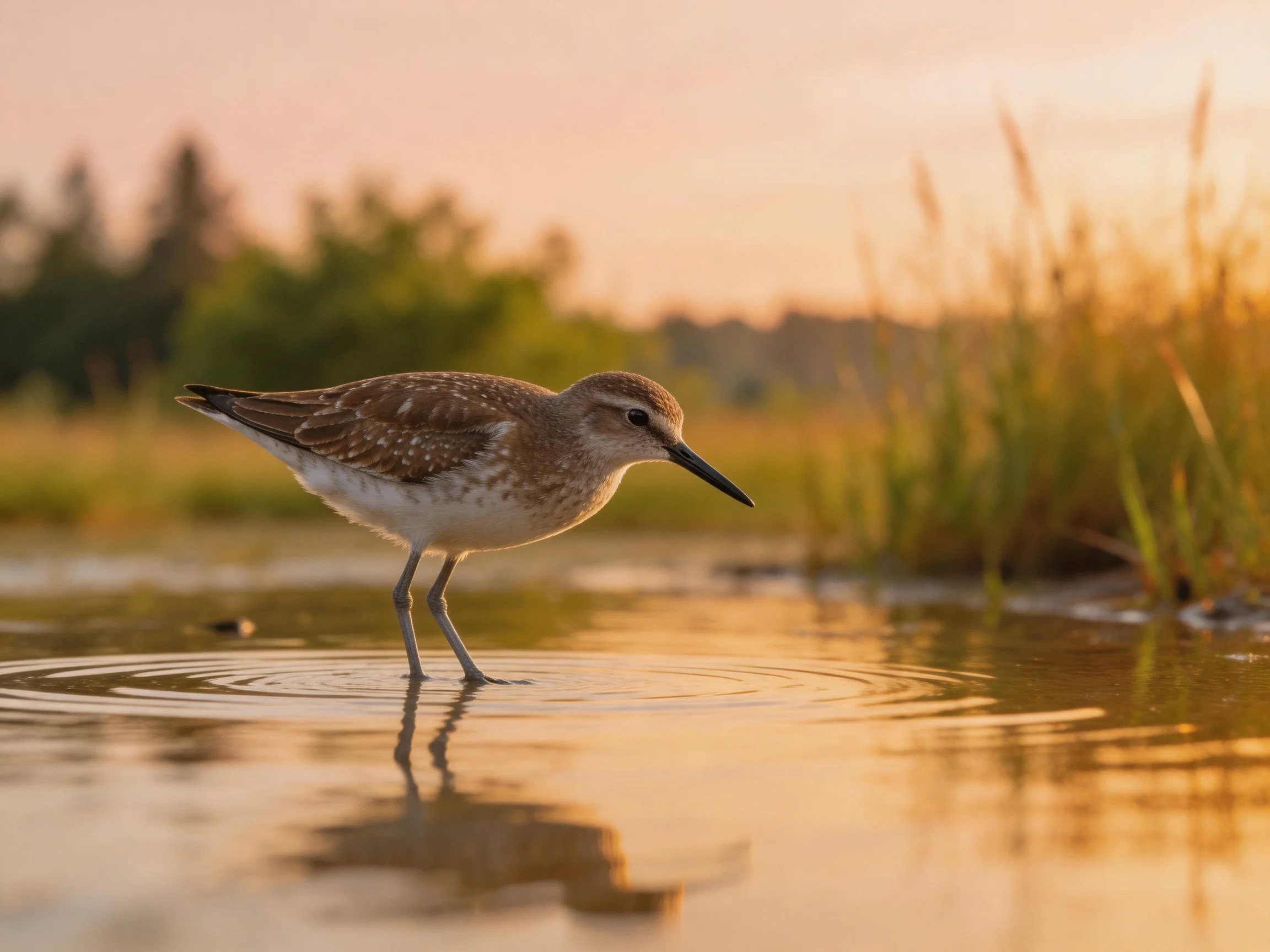 A brown-speckled sandpiper forages in shallow water at sunset