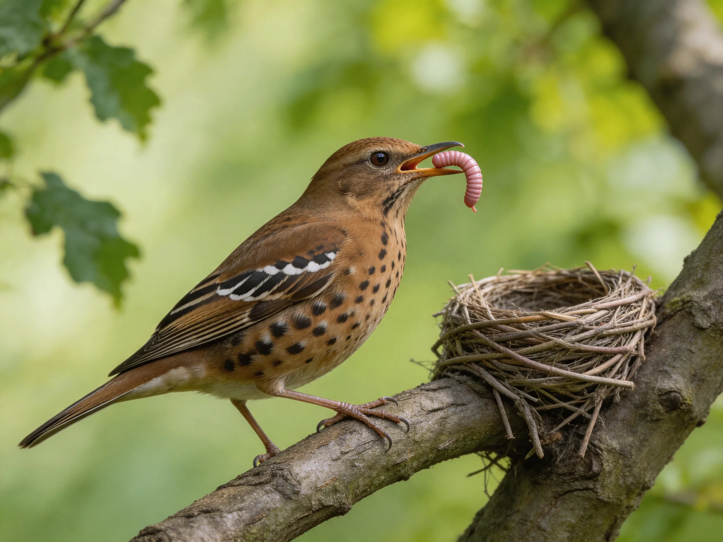 A brown-spotted bird carries a pink worm toward a twig nest