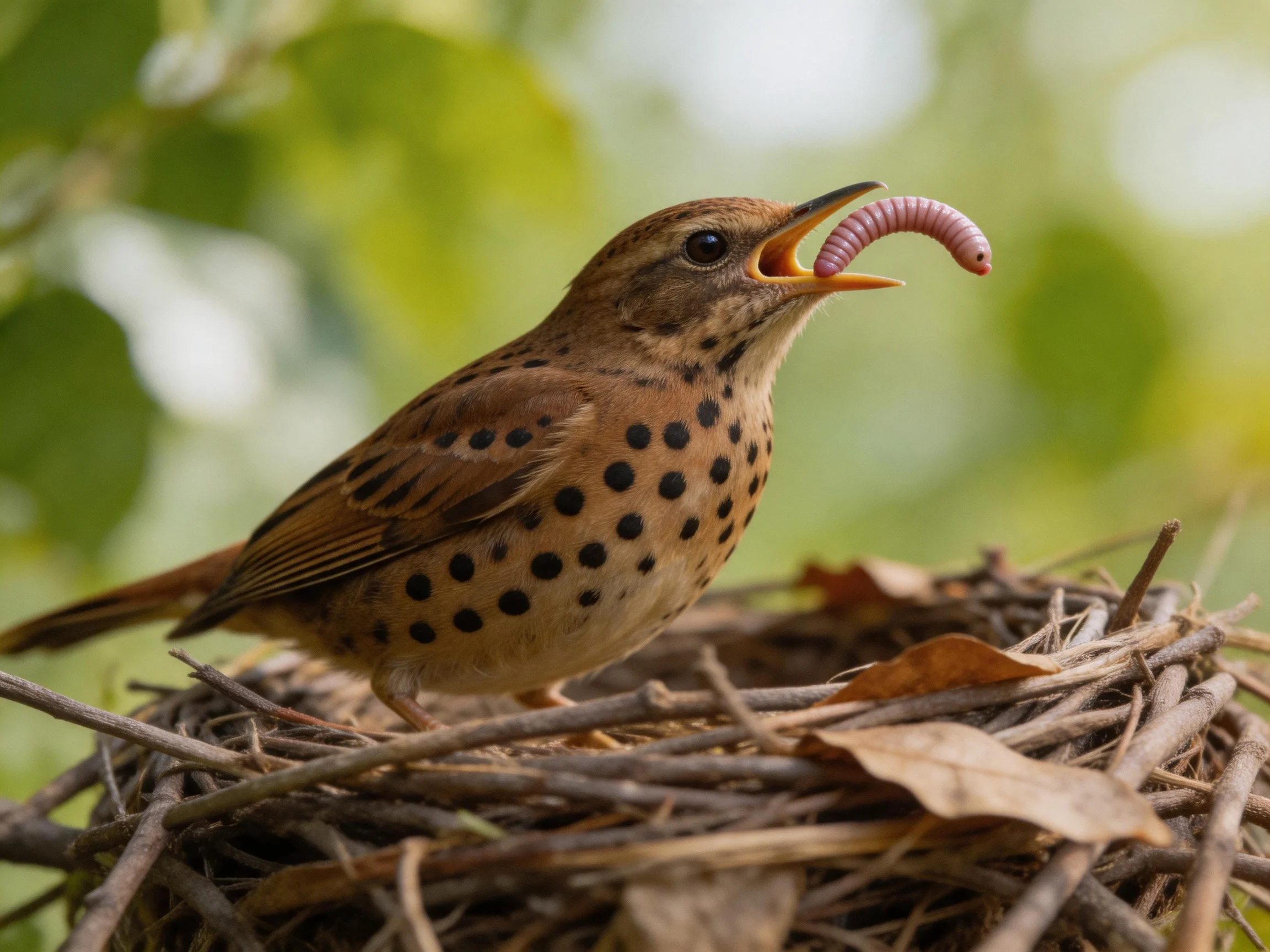 A brown-spotted bird feeds a pink worm in a twig nest