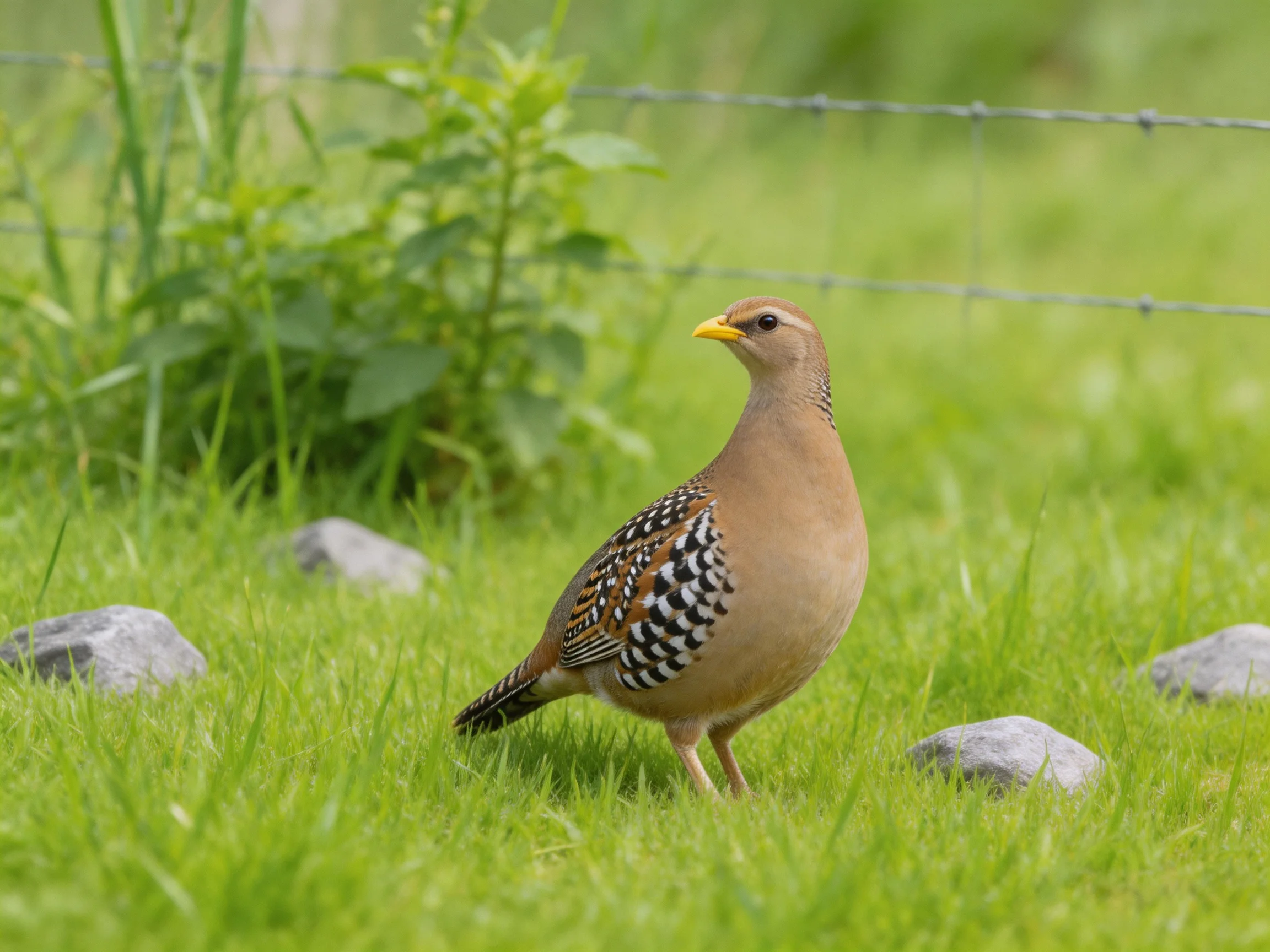 A brown-spotted bird in a grassy field with rocks