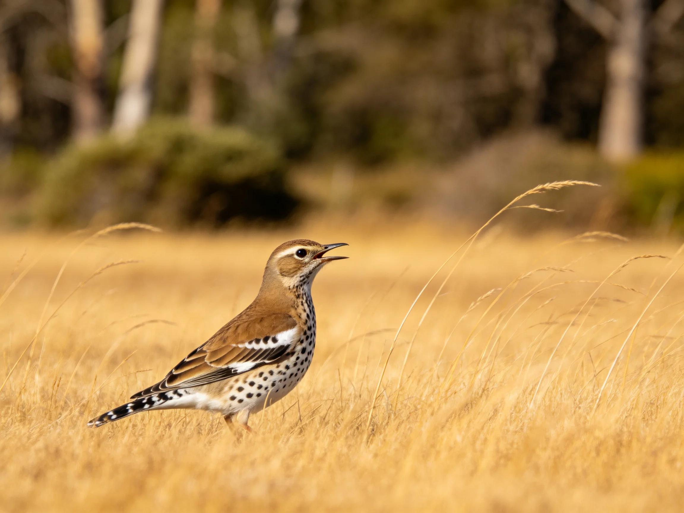 A brown-spotted bird in golden grass near trees