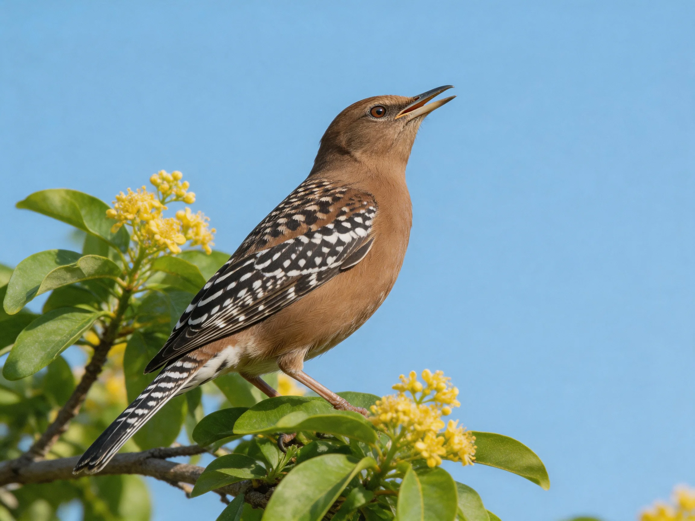 A brown-spotted bird perched among yellow blooms against a clear blue sky