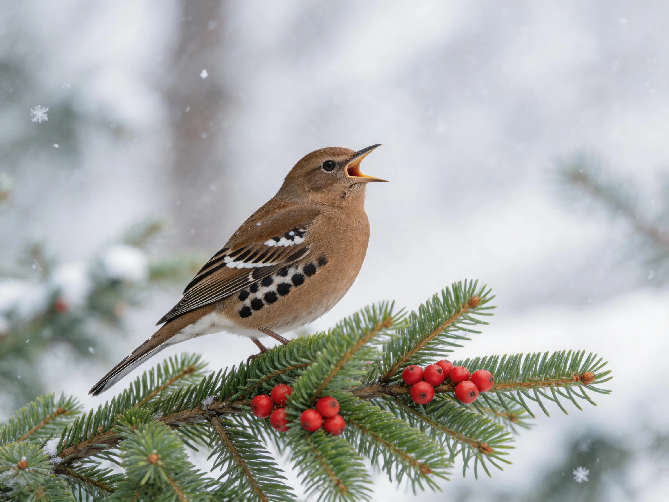 A brown-spotted bird perches on a berry-filled evergreen branch in a snowy setting