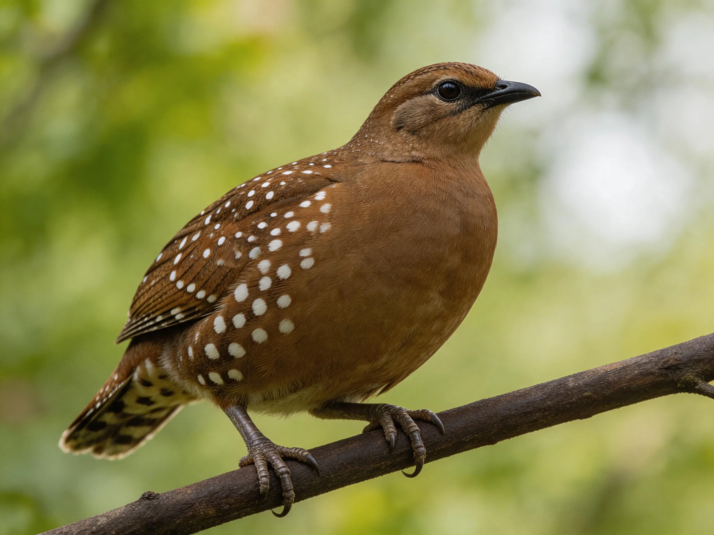 A brown-spotted bird perches on a dark branch