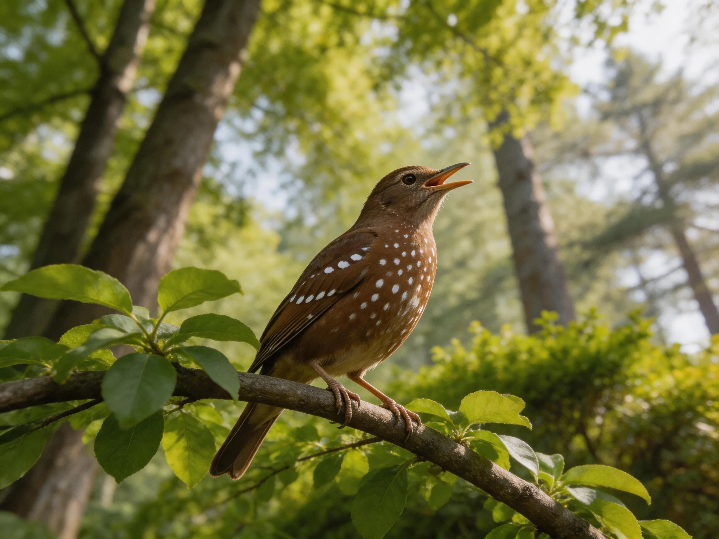 A brown-spotted bird perches on a leafy branch