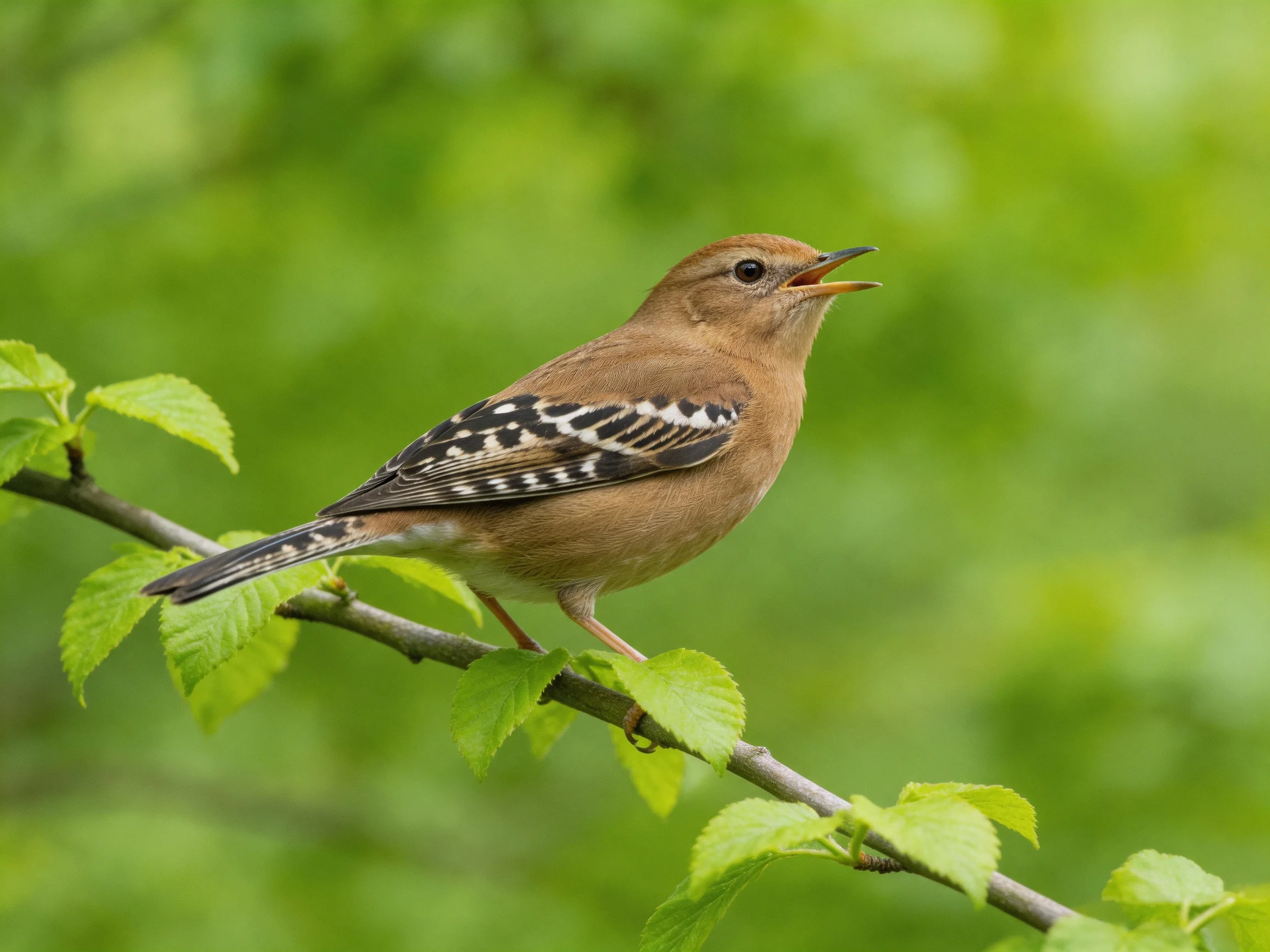 A brown-spotted bird perches on a leafy branch