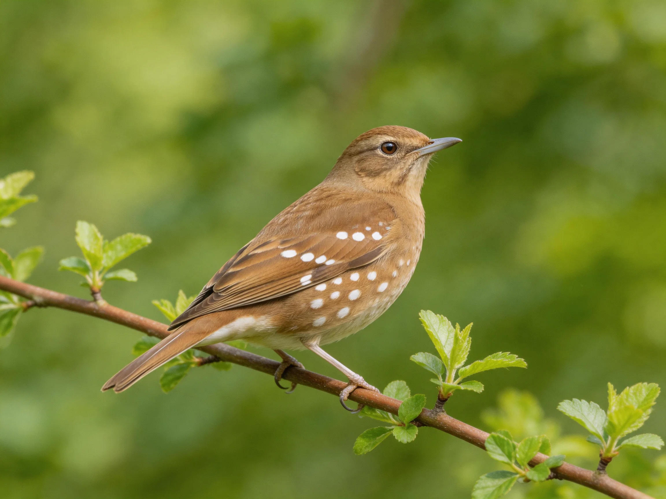 A brown-spotted bird perches on a leafy branch