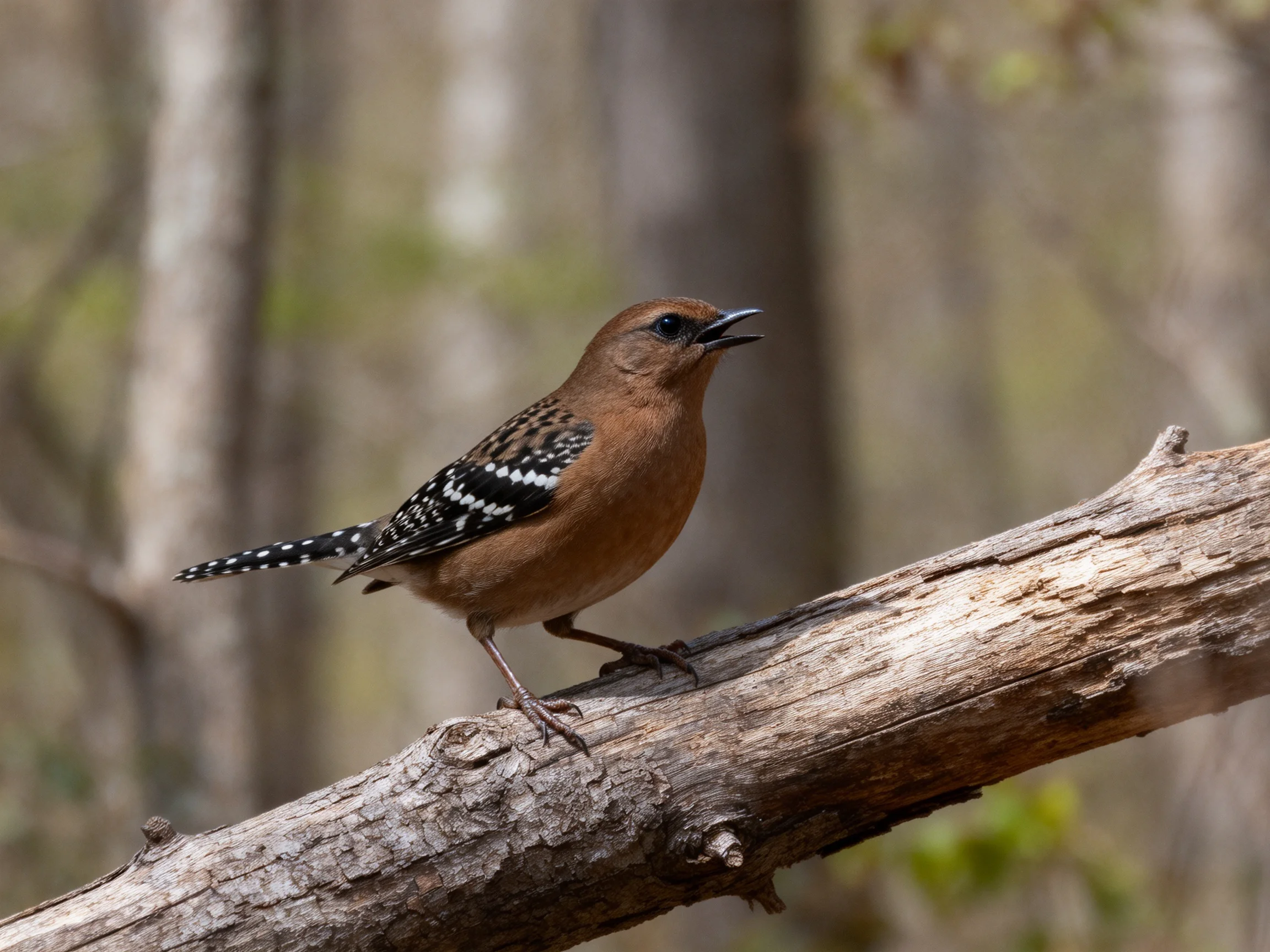 A brown-spotted bird perches on a weathered tree branch