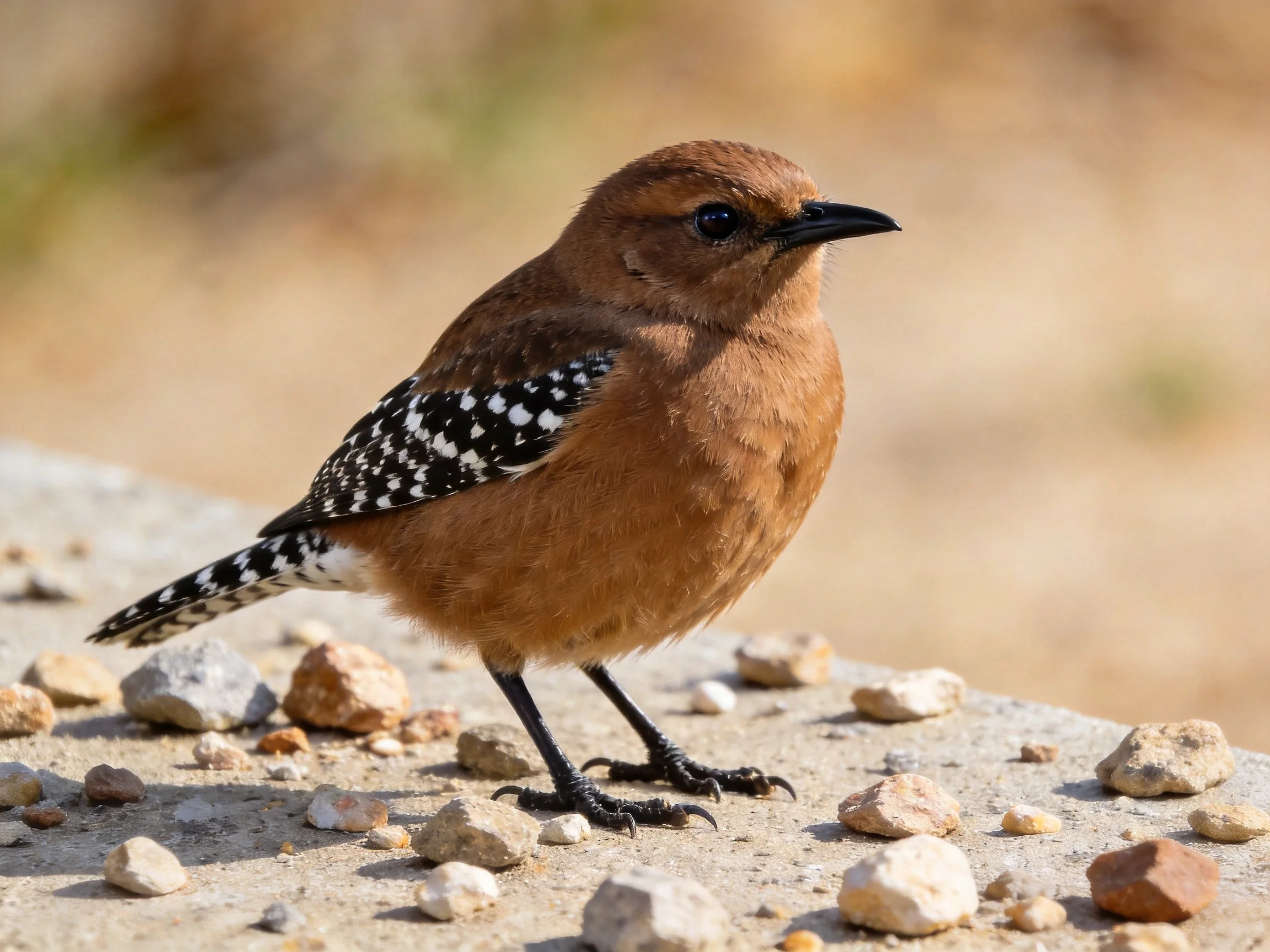 A brown-spotted bird stands on rocky terrain