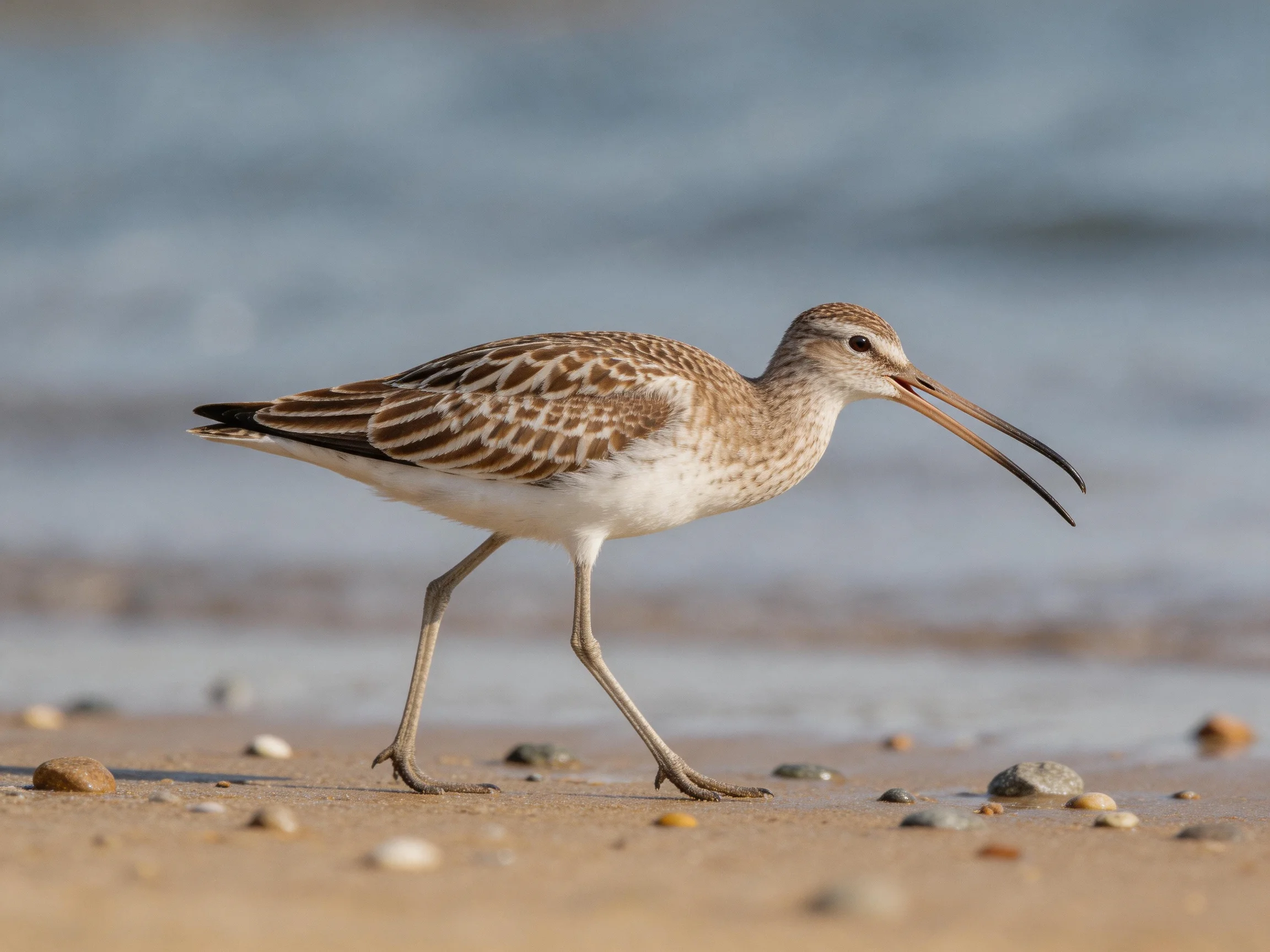 A brown-spotted bird with a long beak walks on a pebbly sandy shore