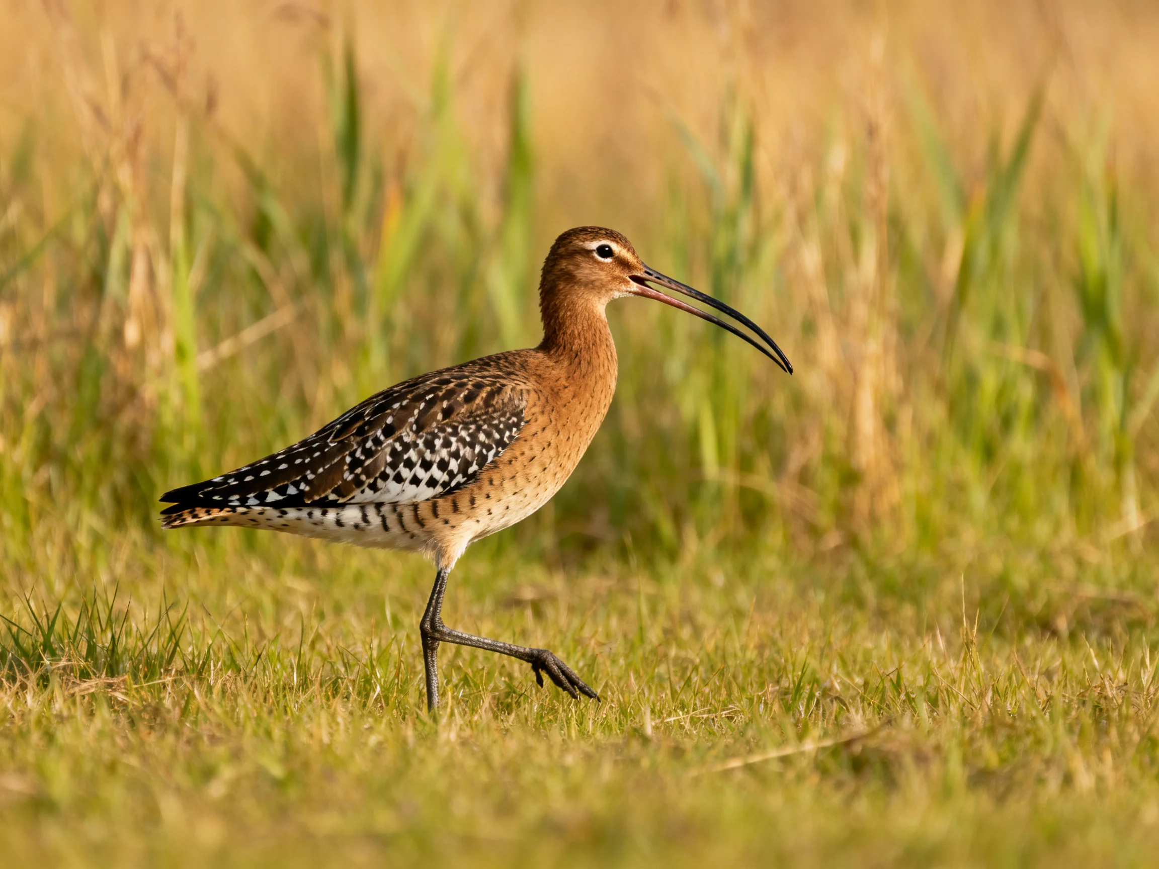 A brown-spotted bird with a long curved bill walks through tall grass