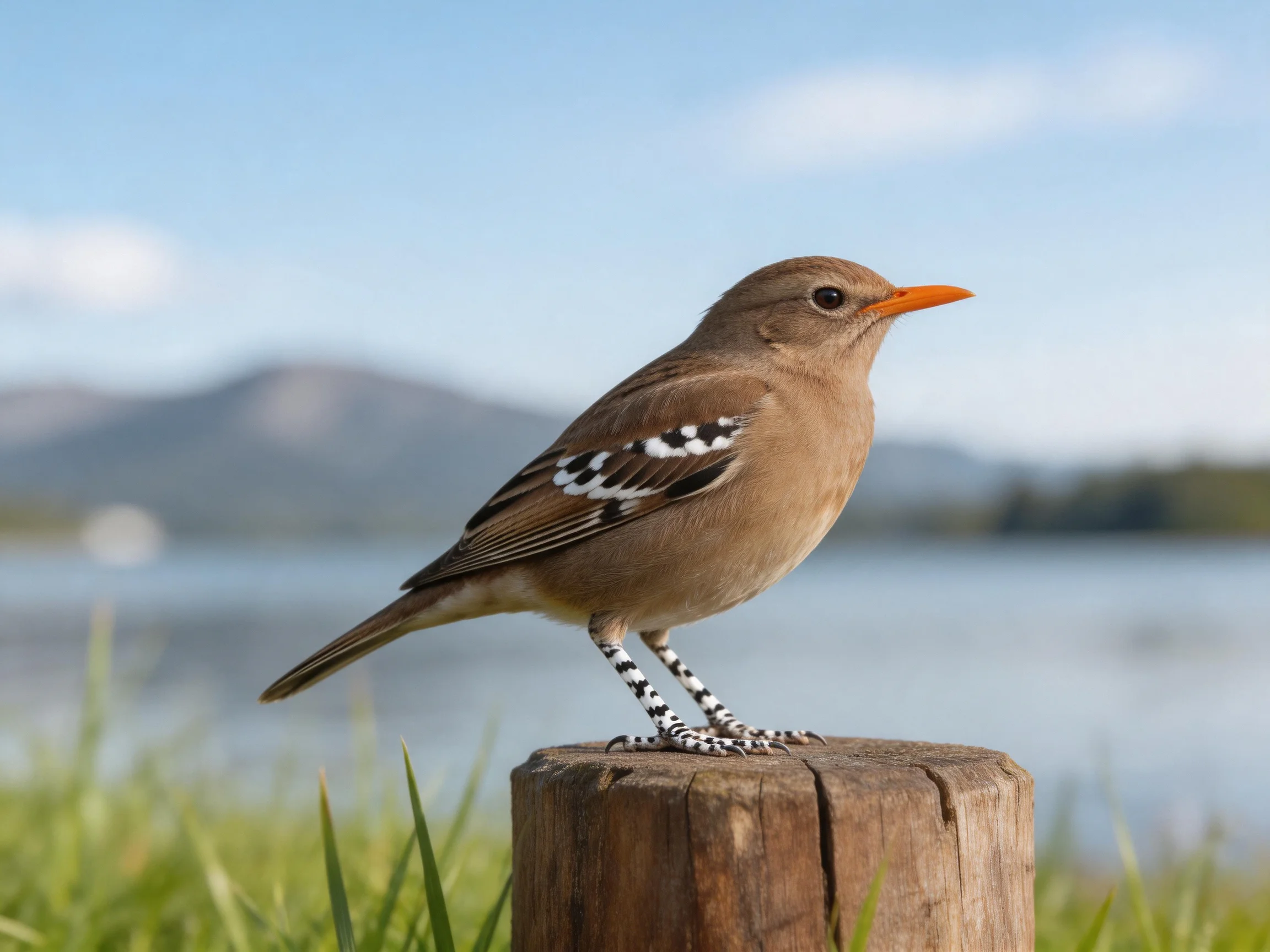 A brown-spotted bird with an orange beak perches on a wooden post by water