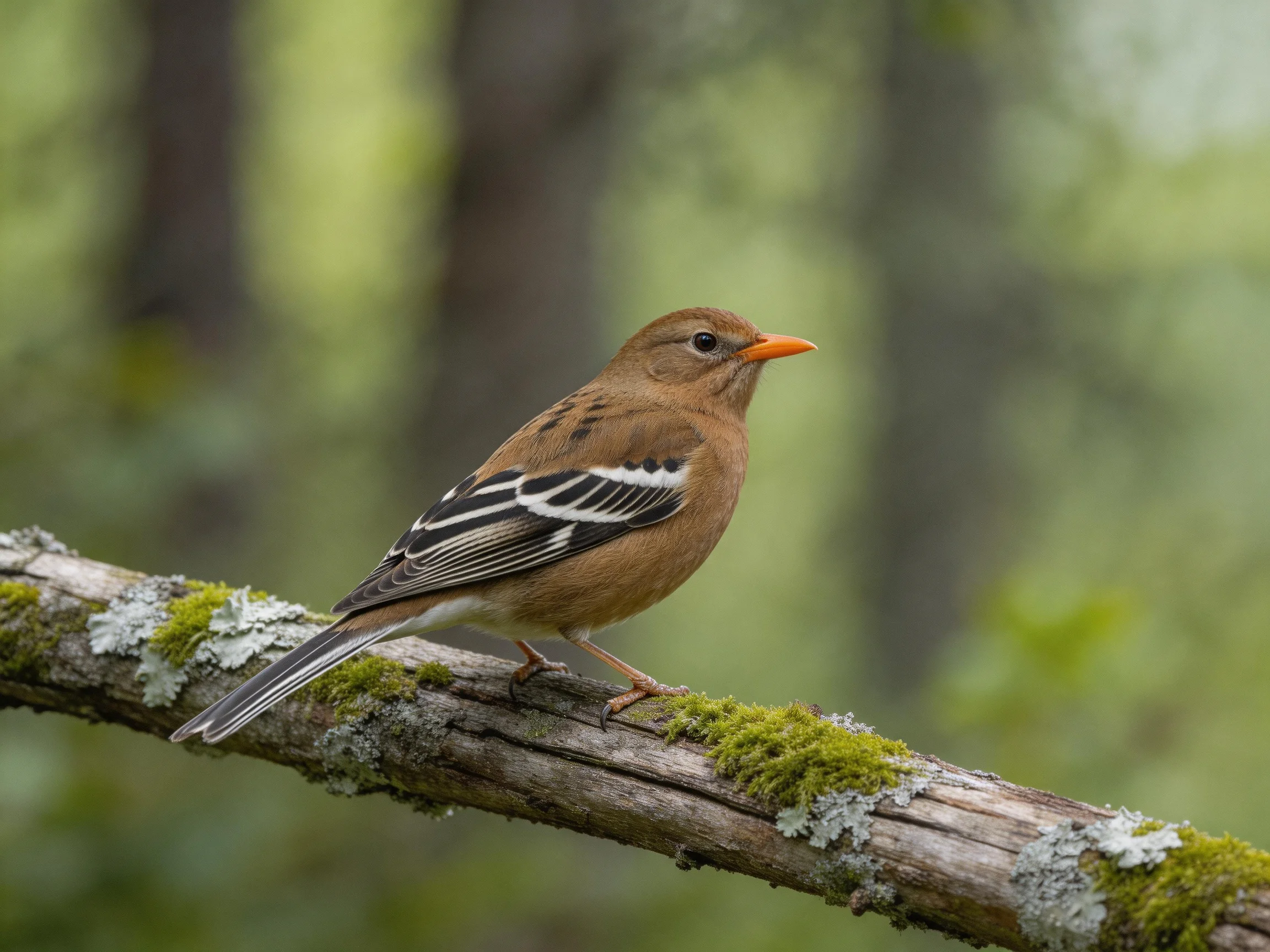 A brown-spotted bird with an orange beak sits on a moss-covered tree branch in a forest setting.